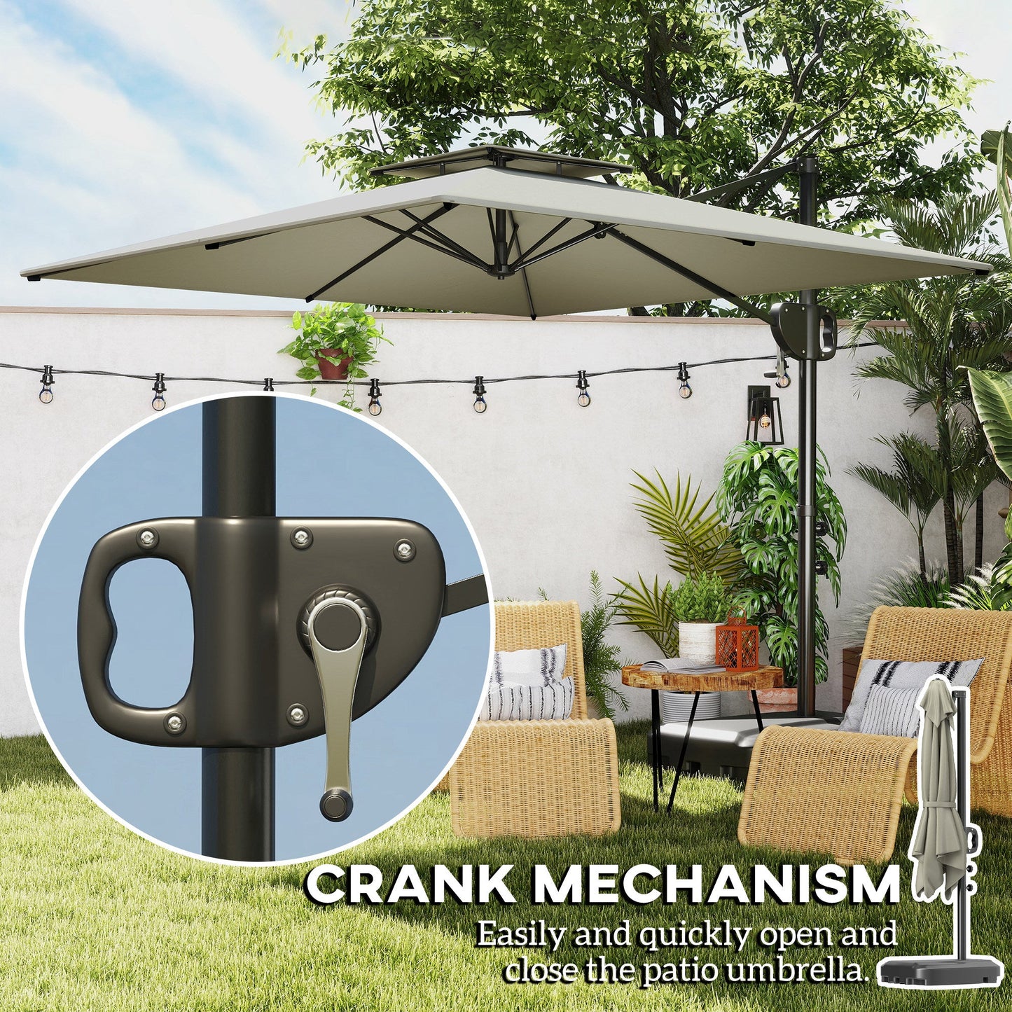 2.5m Garden Cantilever Parasol with Fillable Base, Up to 40kg, Double Top Garden Parasol, Square Overhanging Patio Umbrella with Crank Handle and Tilt for Outdoor Sun Shade, Light Grey