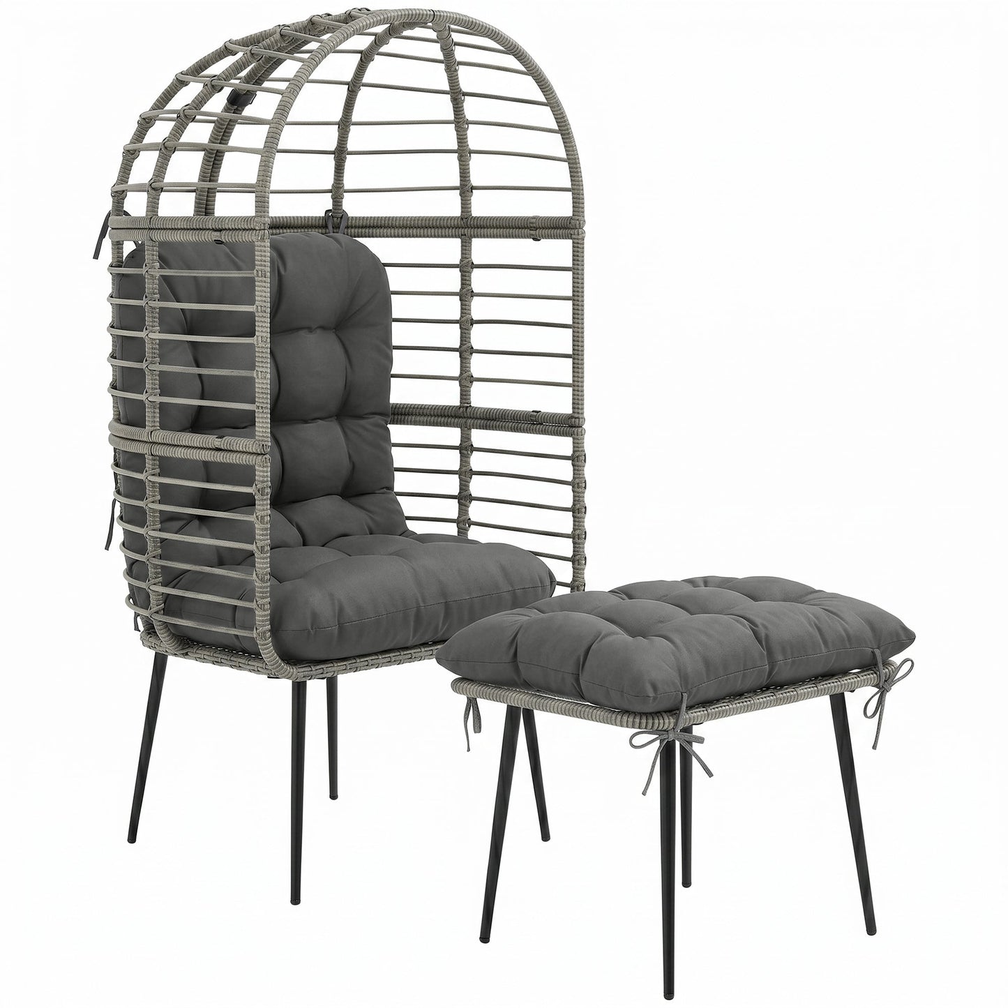 Standing Garden Egg Chair with Footstool, PE Rattan Outdoor Lounge Chair and Ottoman Set with Thick Cushions, Indoor Outdoor Egg Basket Seating for Patio Balcony Porch, Light Grey