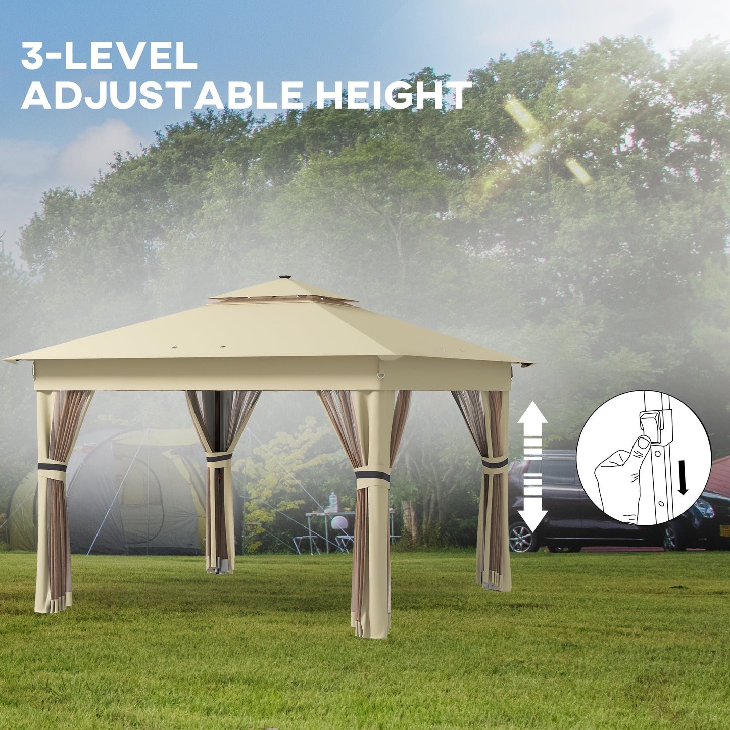 3 x 3(m) Pop Up Gazebo with Sides, 20 Solar-Powered LED Lights, Netting, Roller Bag, 4 Weight Bags, Marquee Party Tent, Height Adjustable Instant Event Shelter, Khaki