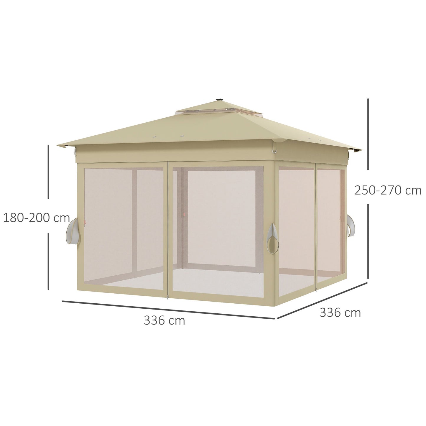 3 x 3(m) Pop Up Gazebo with Sides, 20 Solar-Powered LED Lights, Netting, Roller Bag, 4 Weight Bags, Marquee Party Tent, Height Adjustable Instant Event Shelter, Khaki