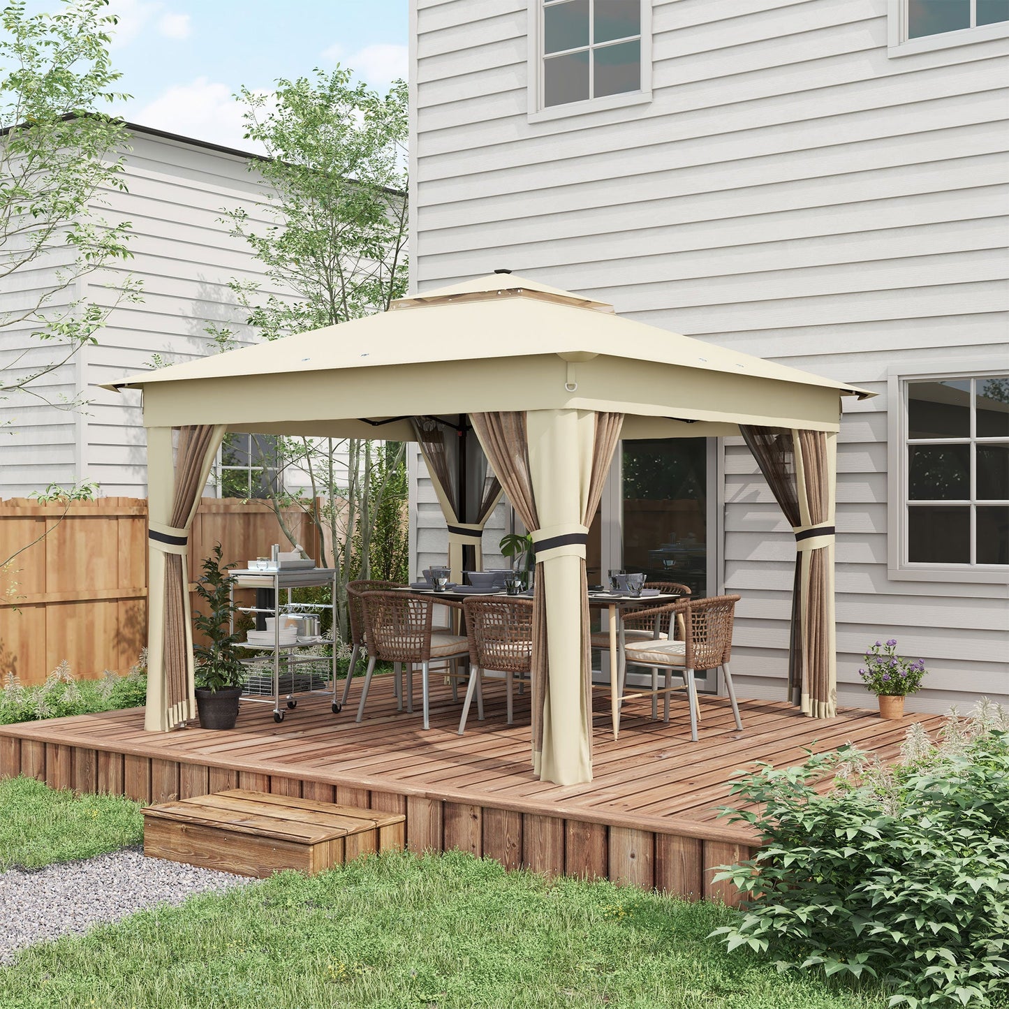 3 x 3(m) Pop Up Gazebo with Sides, 20 Solar-Powered LED Lights, Netting, Roller Bag, 4 Weight Bags, Marquee Party Tent, Height Adjustable Instant Event Shelter, Khaki