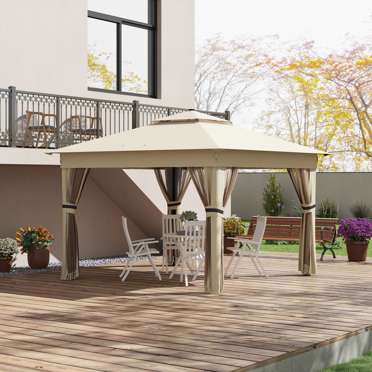 3 x 3(m) Pop Up Gazebo with Sides, 20 Solar-Powered LED Lights, Netting, Roller Bag, 4 Weight Bags, Marquee Party Tent, Height Adjustable Instant Event Shelter, Khaki