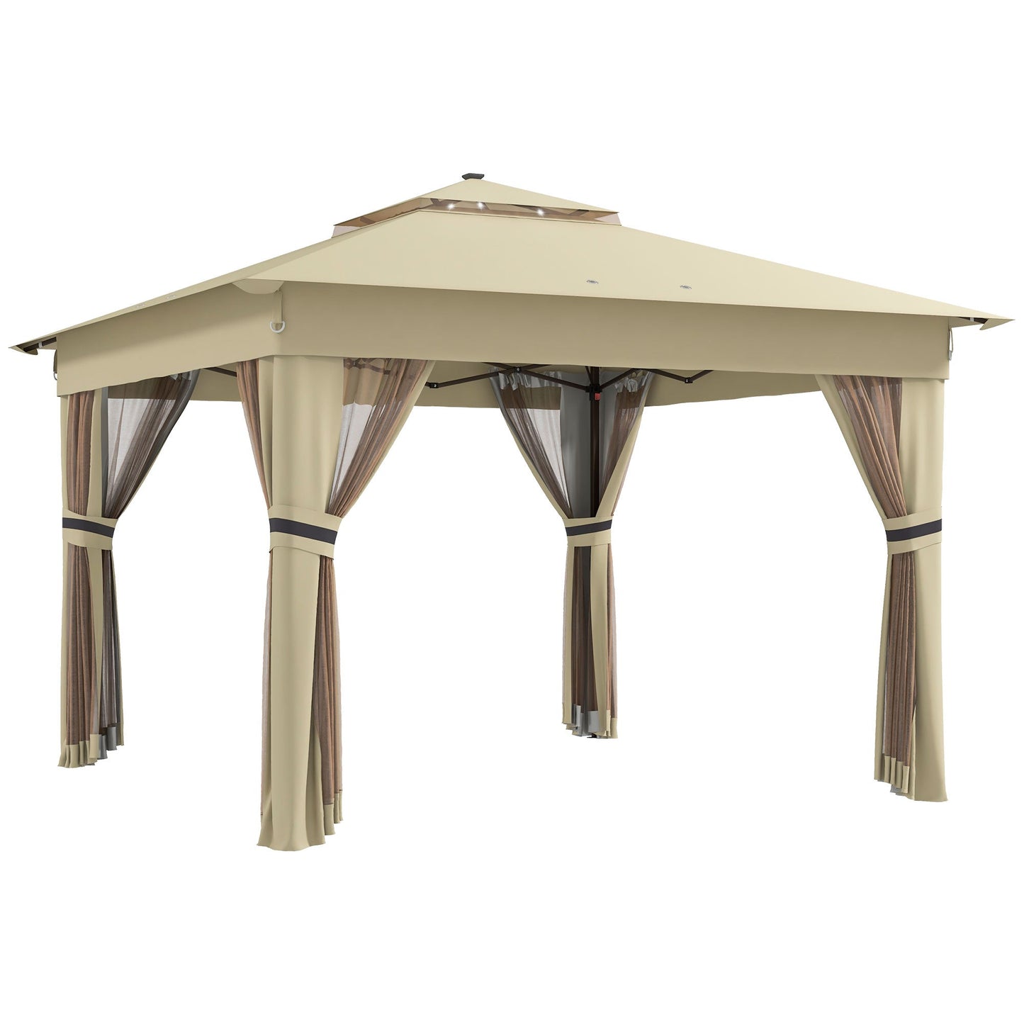 3 x 3(m) Pop Up Gazebo with Sides, 20 Solar-Powered LED Lights, Netting, Roller Bag, 4 Weight Bags, Marquee Party Tent, Height Adjustable Instant Event Shelter, Khaki