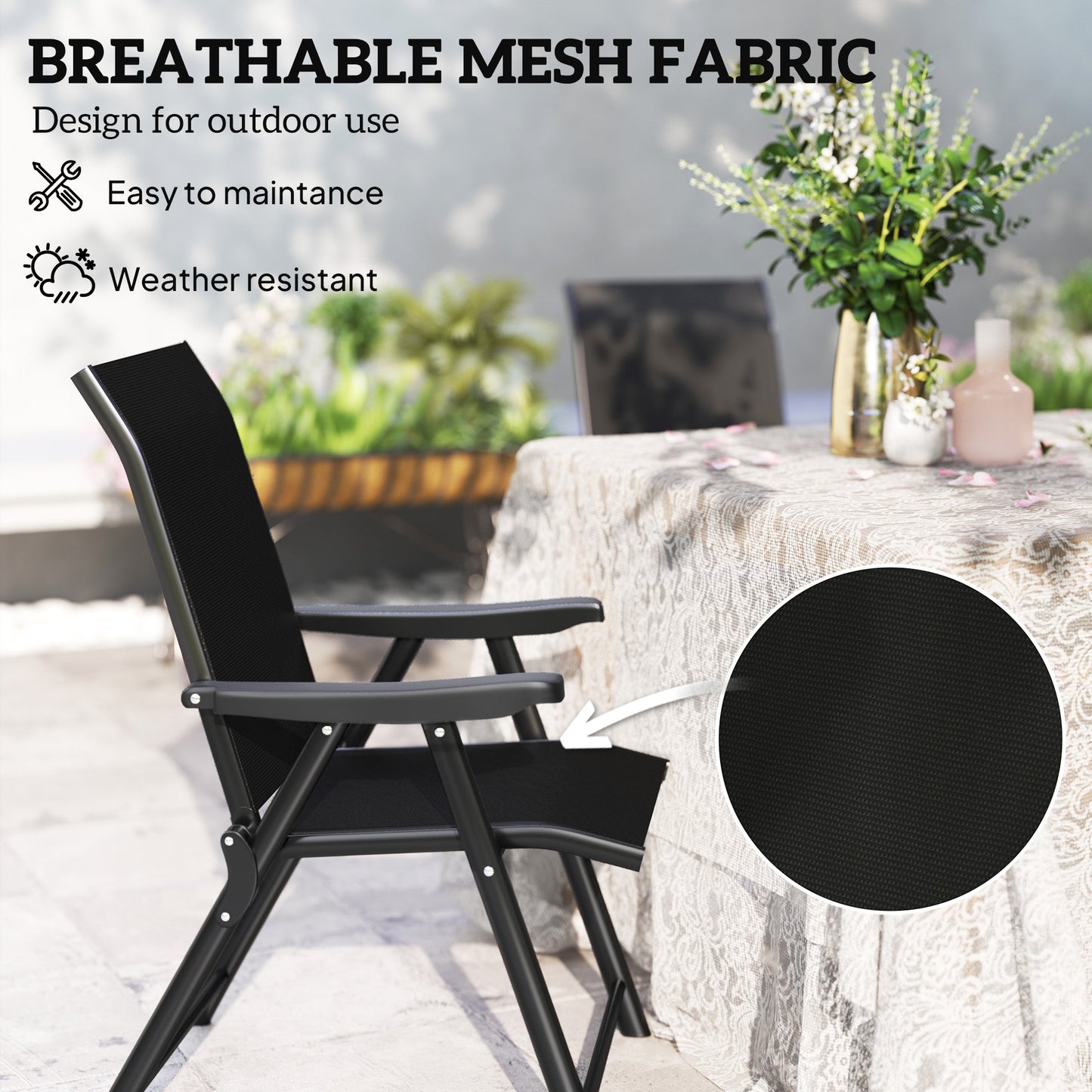 Set of 4 Folding Chair, Garden Chair Set with Breathable Mesh Back and Seat, Outdoor Camping Chairs with Armrests, Steel Frame for Deck Balcony, Black