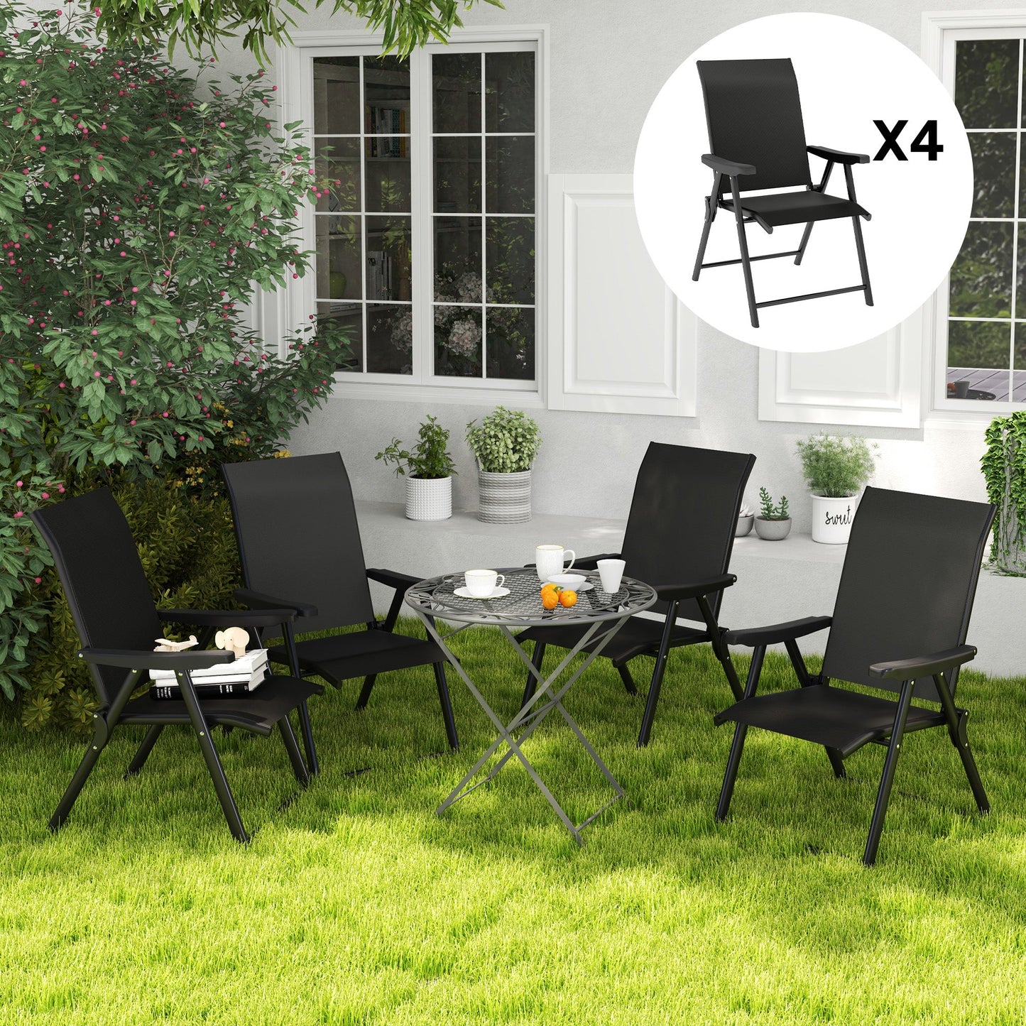 Set of 4 Folding Chair, Garden Chair Set with Breathable Mesh Back and Seat, Outdoor Camping Chairs with Armrests, Steel Frame for Deck Balcony, Black