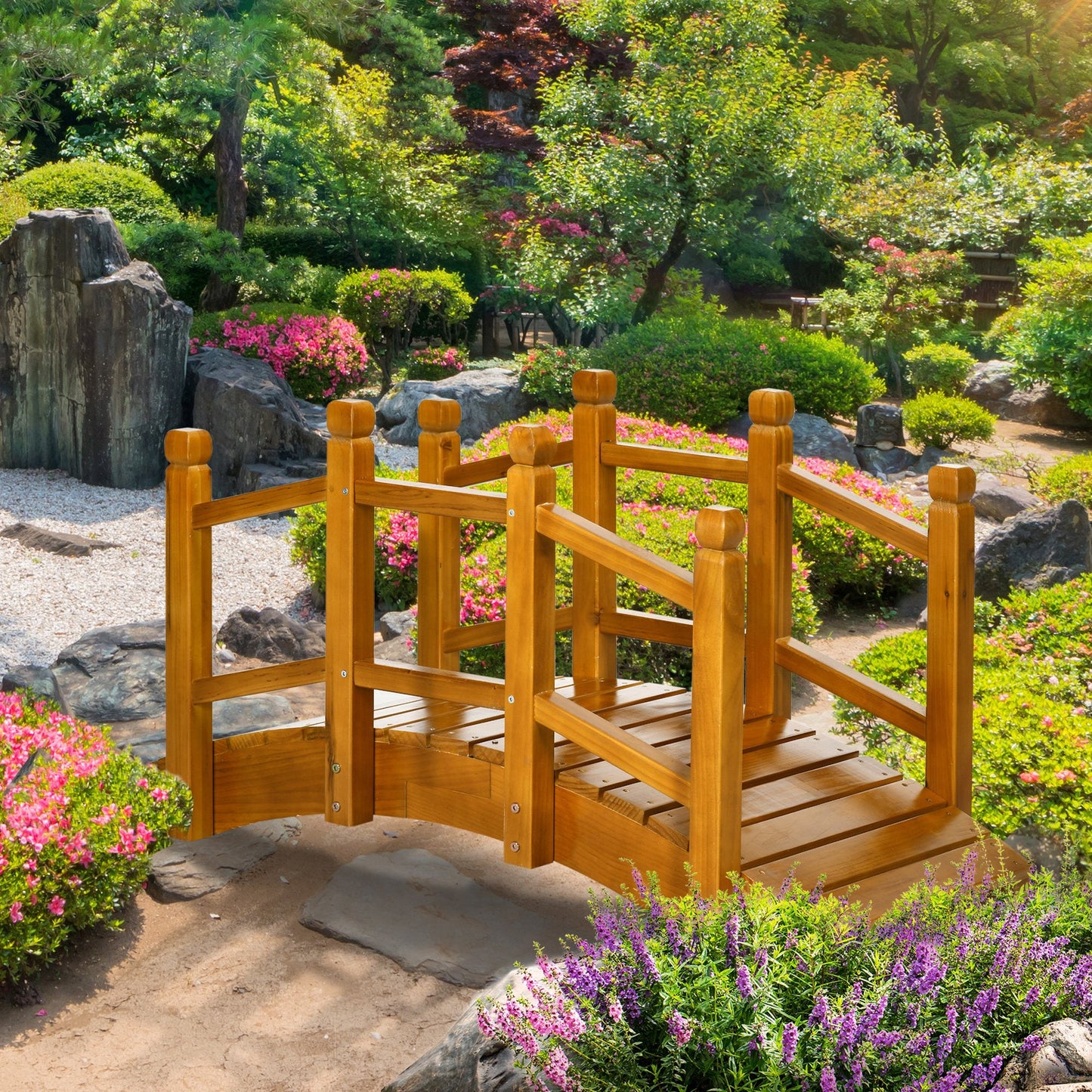 Wooden Garden Bridge with Safety Railings, Arc Footbridge for Pond Backyard Stream, Brown