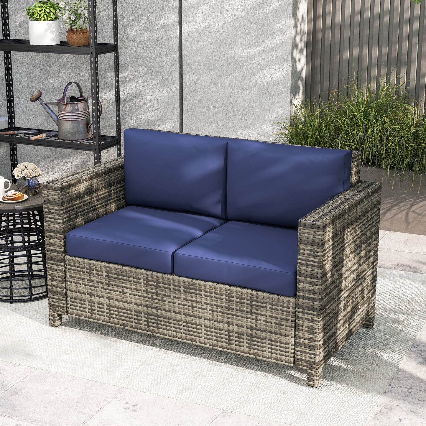 Rattan Sofa, 2 Seater Garden Furniture with Soft Padded Cushion and Armrests, Wicker Garden Loveseat for Patio, Navy Blue