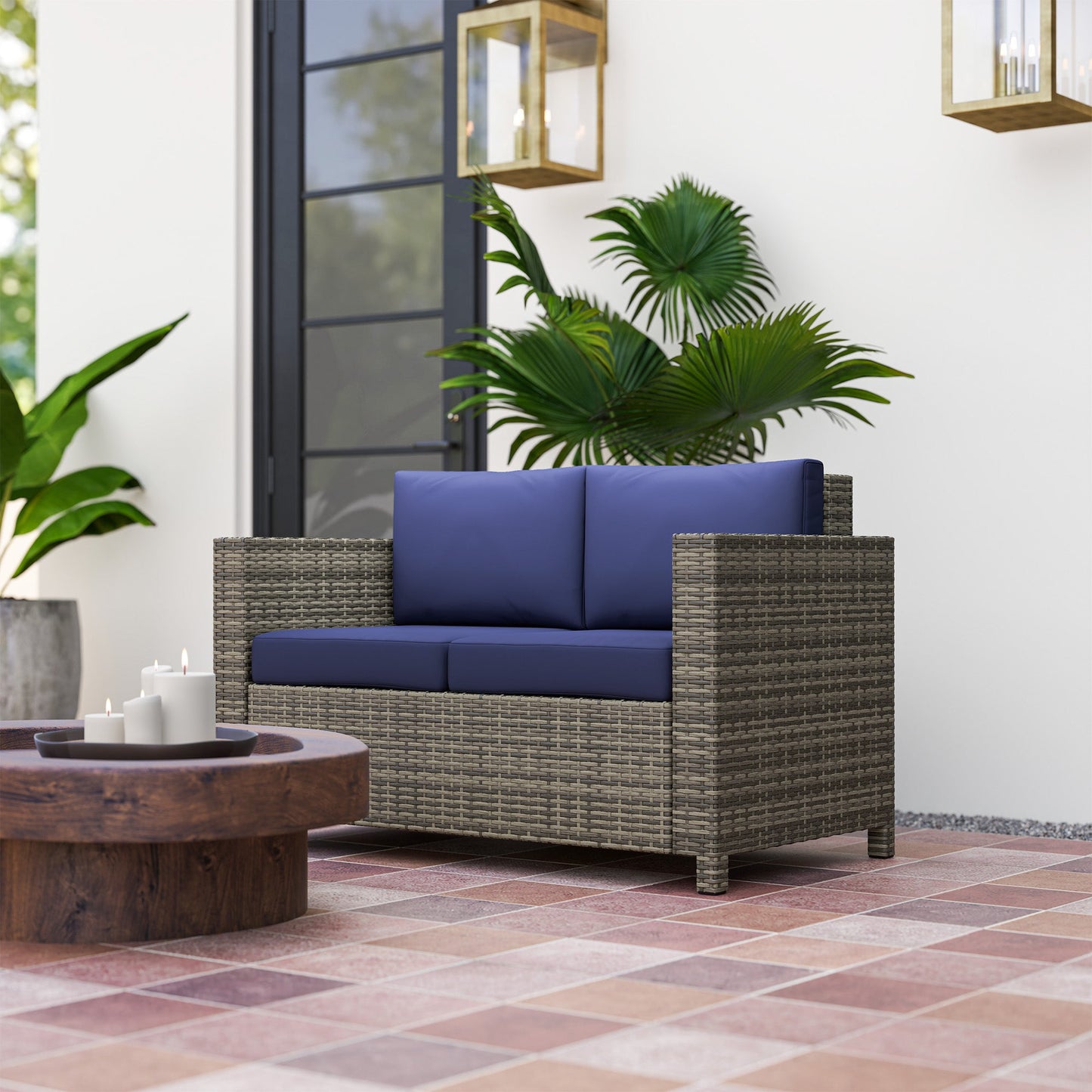 Rattan Sofa, 2 Seater Garden Furniture with Soft Padded Cushion and Armrests, Wicker Garden Loveseat for Patio, Navy Blue