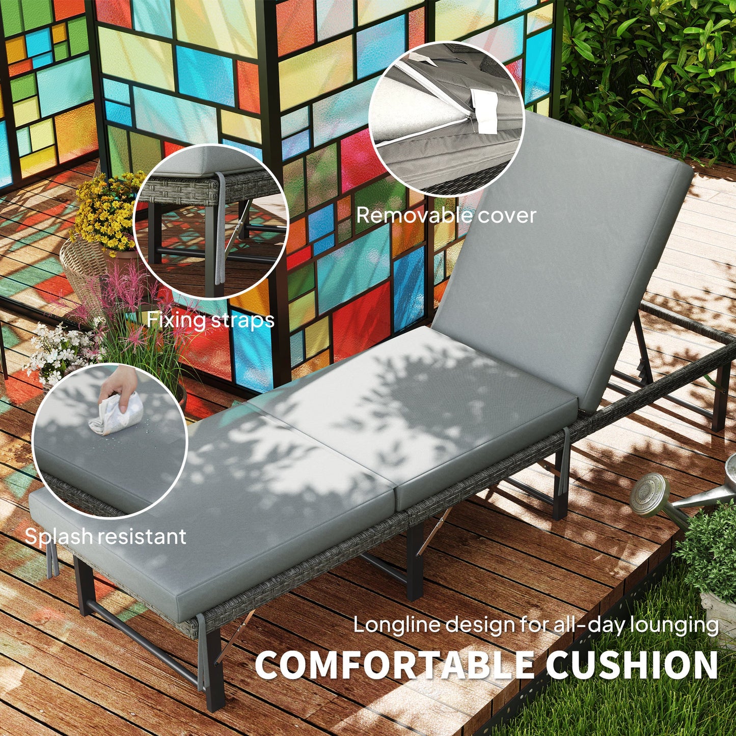 Folding Rattan Sun Lounger, 6-Level Adjustable Garden Lounger Recliner with Cushion, Outdoor Reclining Sunbed, Garden Chair with Steel Frame for Patio, Beach, Terrace, Grey