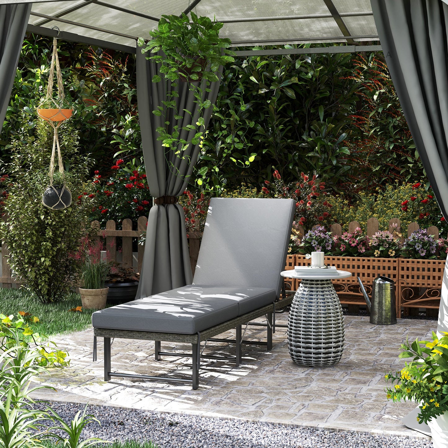 Folding Rattan Sun Lounger, 6-Level Adjustable Garden Lounger Recliner with Cushion, Outdoor Reclining Sunbed, Garden Chair with Steel Frame for Patio, Beach, Terrace, Grey