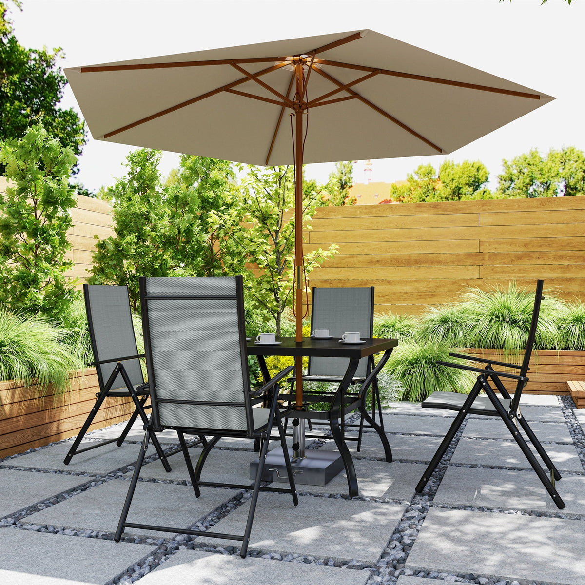 5 Pieces Garden Dining Set, 4 Seater Garden Furniture Set with Parasol Hole, Outdoor Dining Set with High Back Folding Chairs and Square Metal Top Table for Outdoor Patio, Grey