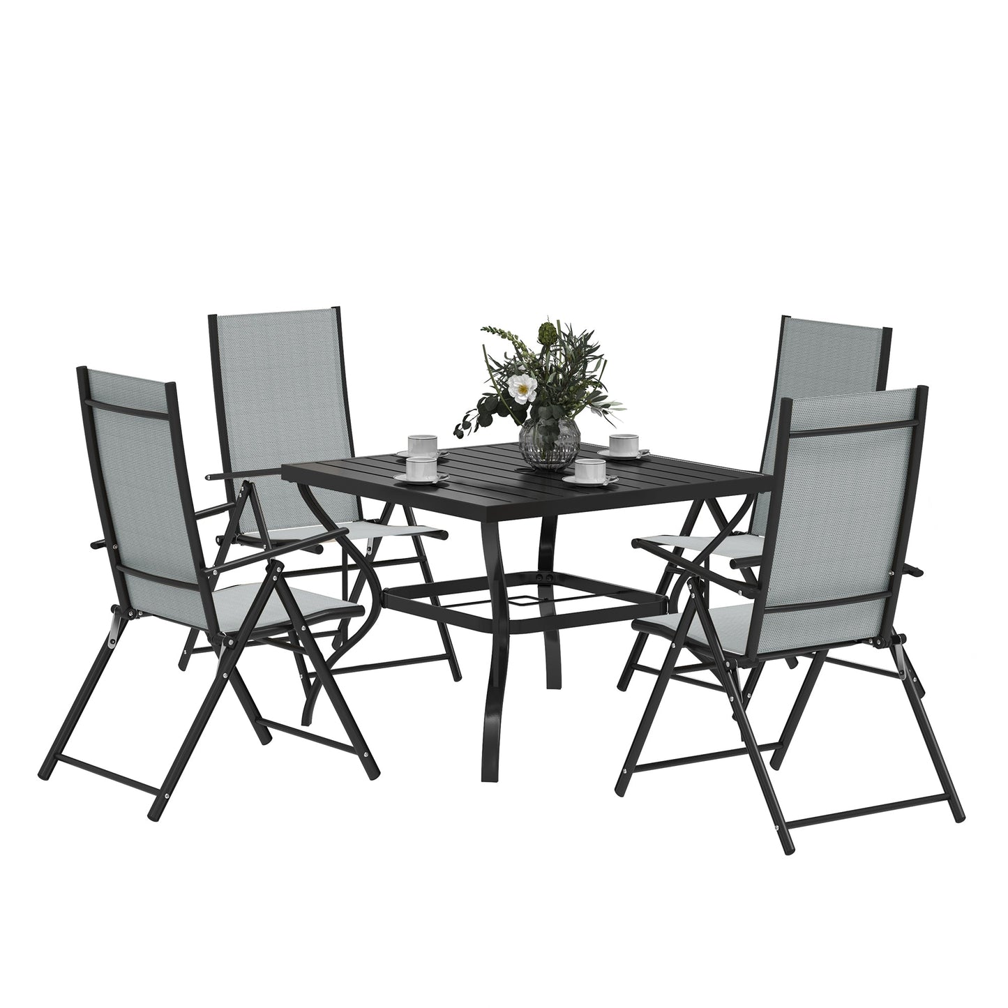 5 Pieces Garden Dining Set, 4 Seater Garden Furniture Set with Parasol Hole, Outdoor Dining Set with High Back Folding Chairs and Square Metal Top Table for Outdoor Patio, Grey
