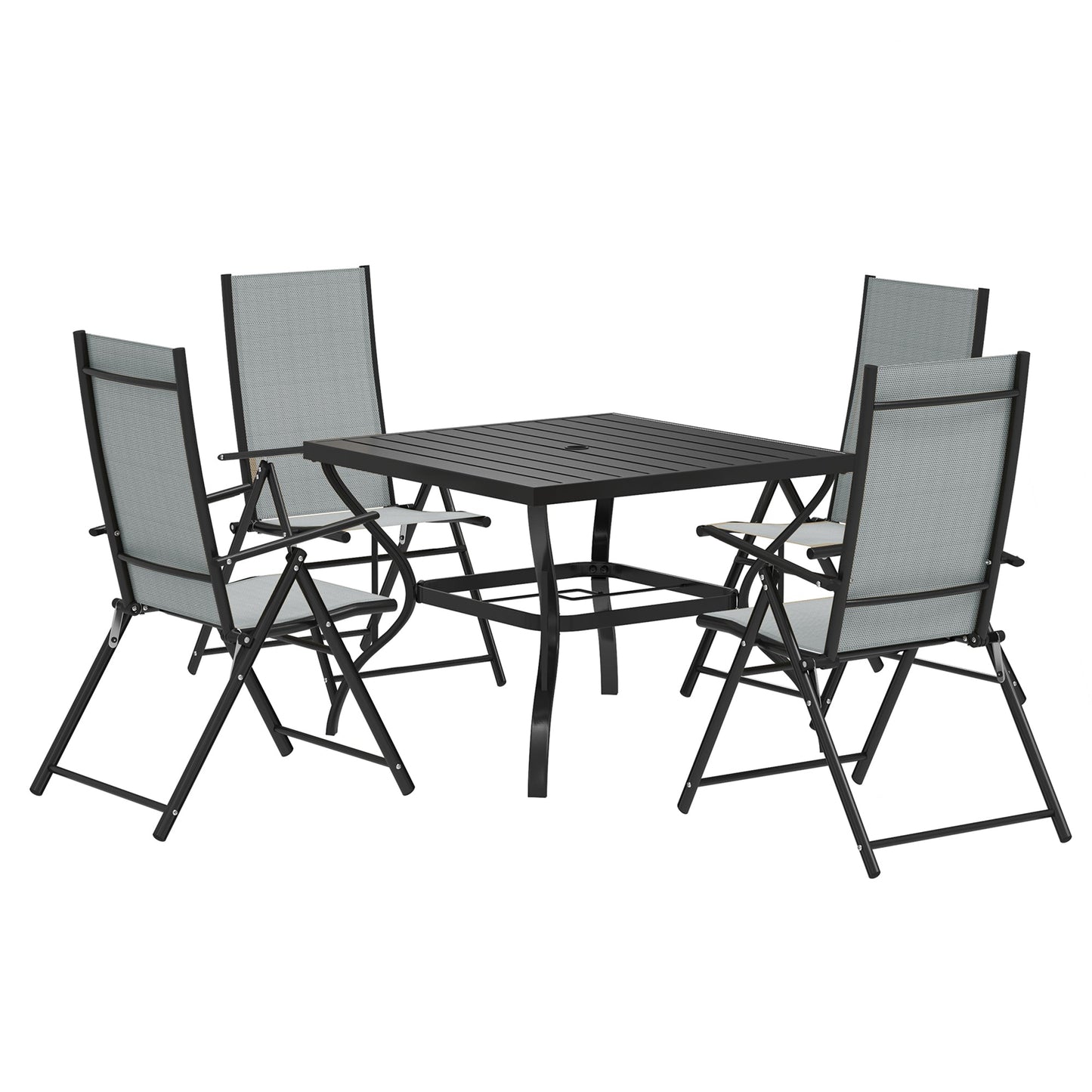 5 Pieces Garden Dining Set, 4 Seater Garden Furniture Set with Parasol Hole, Outdoor Dining Set with High Back Folding Chairs and Square Metal Top Table for Outdoor Patio, Grey