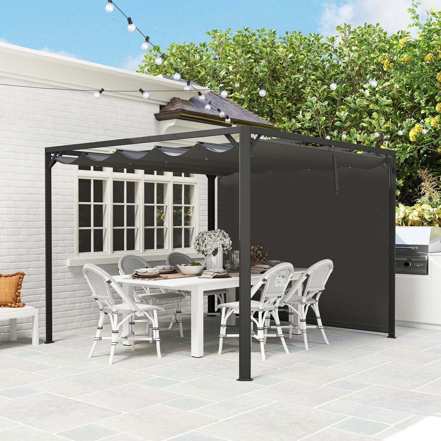 3 x 3(m) Garden Pergola with Retractable Roof Canopy and Roller Shade, Aluminium Pergola Kit Gazebo, UPF30+ Sun Shade Shelter for Deck, Porch, Dark Grey