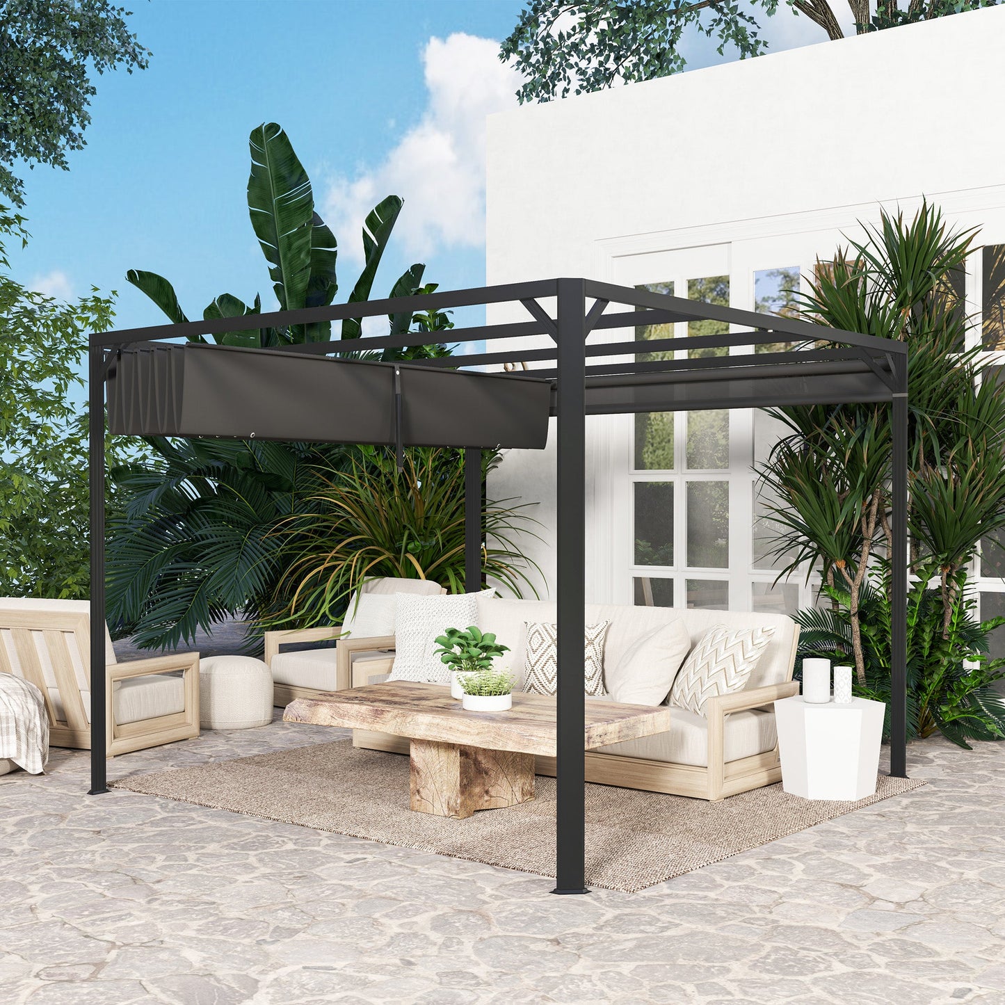 3 x 3(m) Garden Pergola with Retractable Roof Canopy and Roller Shade, Aluminium Pergola Kit Gazebo, UPF30+ Sun Shade Shelter for Deck, Porch, Dark Grey