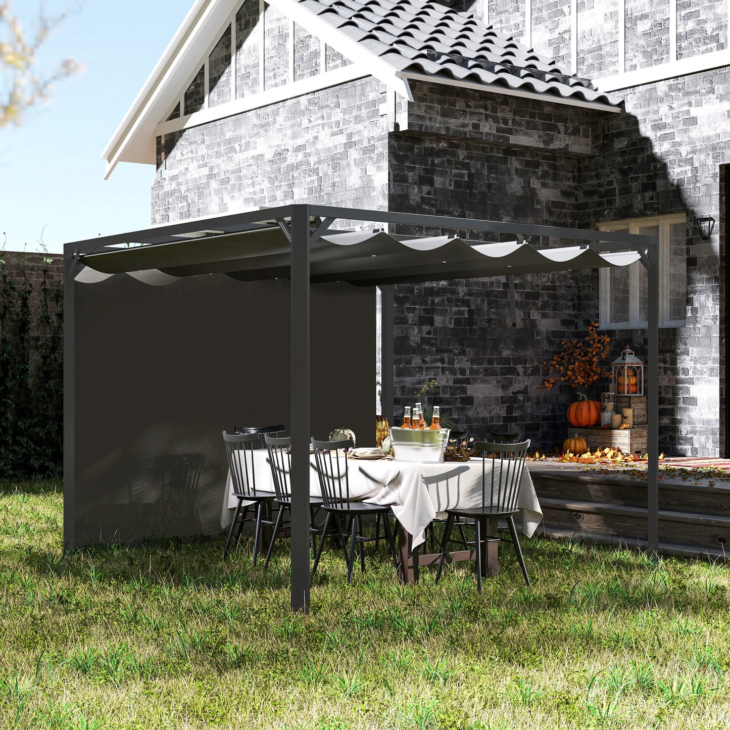 3 x 3(m) Garden Pergola with Retractable Roof Canopy and Roller Shade, Aluminium Pergola Kit Gazebo, UPF30+ Sun Shade Shelter for Deck, Porch, Dark Grey