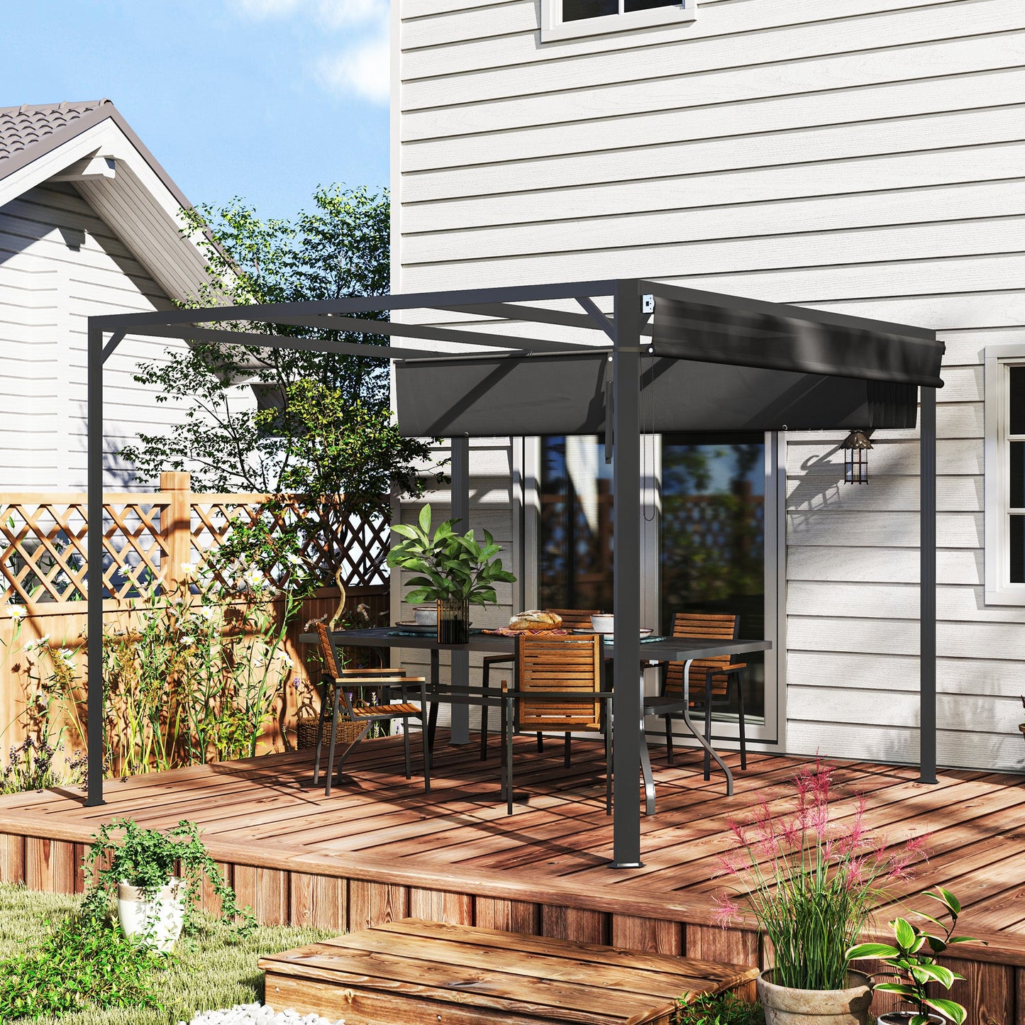 3 x 3(m) Garden Pergola with Retractable Roof Canopy and Roller Shade, Aluminium Pergola Kit Gazebo, UPF30+ Sun Shade Shelter for Deck, Porch, Dark Grey