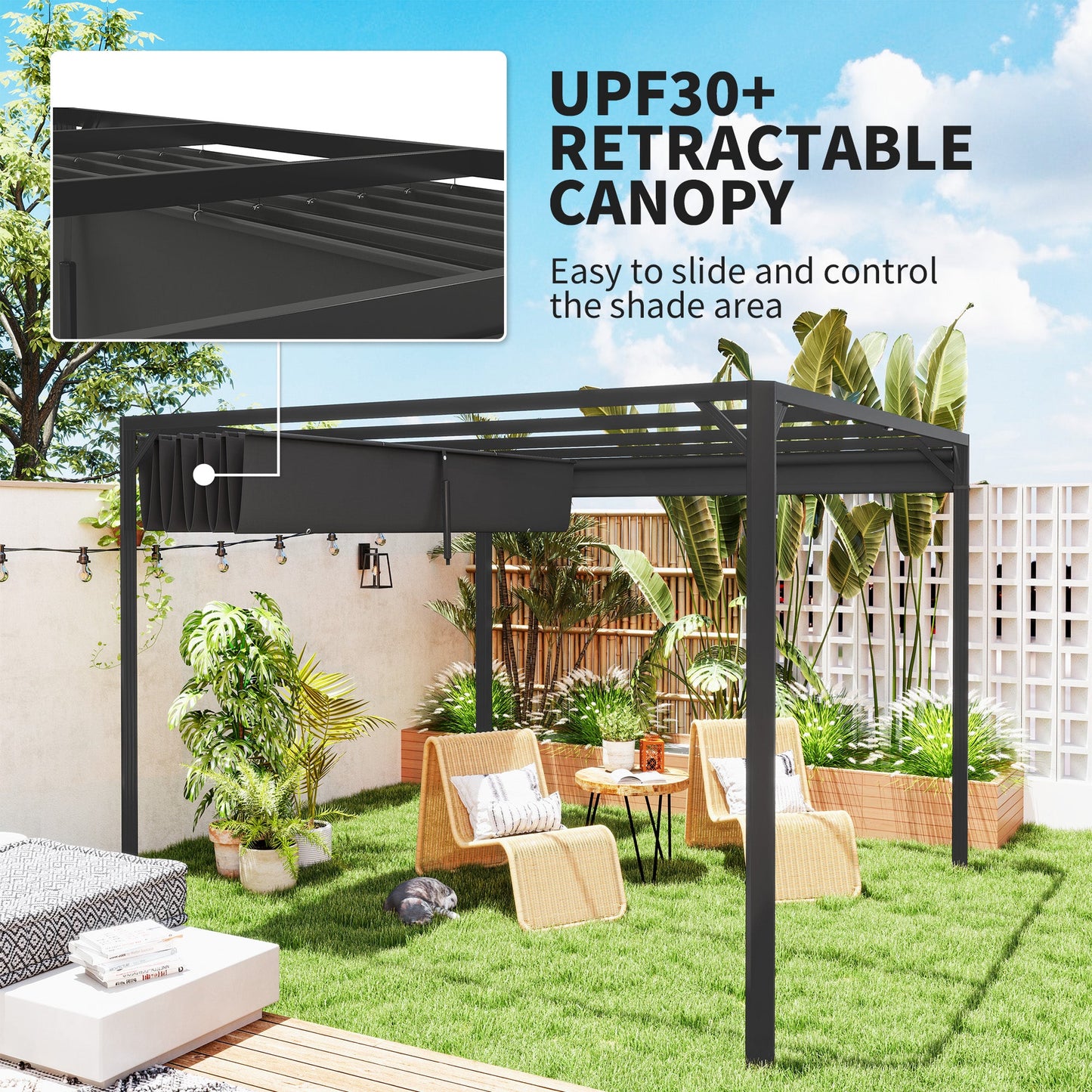 3 x 3(m) Garden Pergola with Retractable Roof Canopy and Roller Shade, Aluminium Pergola Kit Gazebo, UPF30+ Sun Shade Shelter for Deck, Porch, Dark Grey