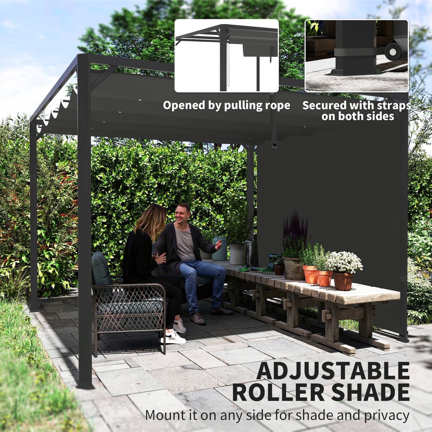 3 x 3(m) Garden Pergola with Retractable Roof Canopy and Roller Shade, Aluminium Pergola Kit Gazebo, UPF30+ Sun Shade Shelter for Deck, Porch, Dark Grey