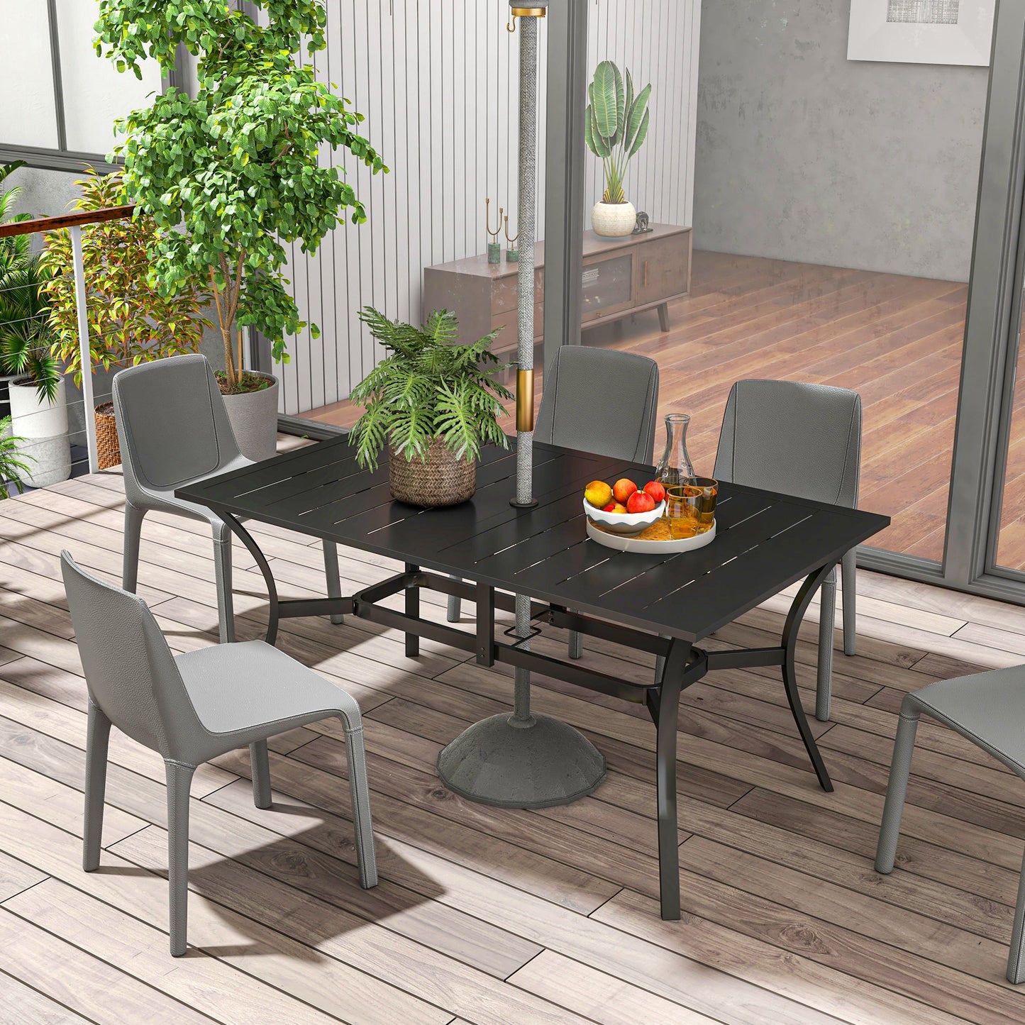 Rectangle Garden Table with Parasol Hole, Outdoor Dining Table for 6, Patio Table with Steel Frame and Slat Tabletop for Balcony, 150cm x 90cm, Black