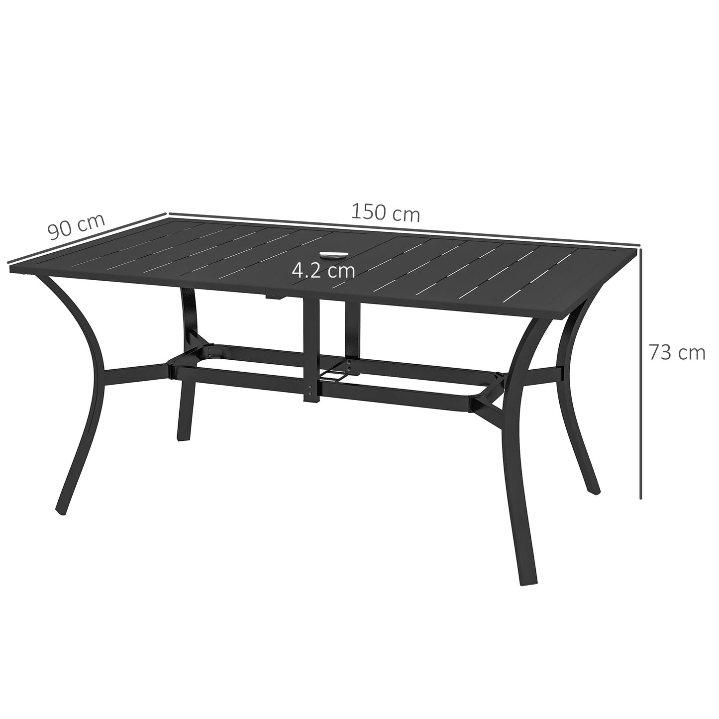 Rectangle Garden Table with Parasol Hole, Outdoor Dining Table for 6, Patio Table with Steel Frame and Slat Tabletop for Balcony, 150cm x 90cm, Black
