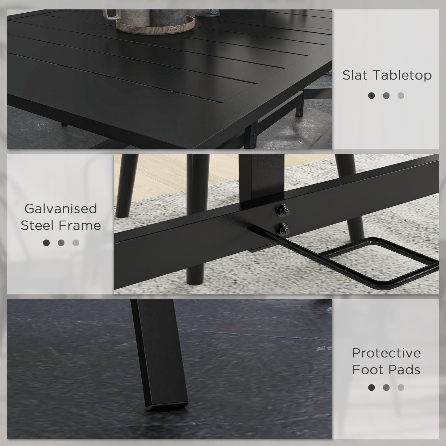 Rectangle Garden Table with Parasol Hole, Outdoor Dining Table for 6, Patio Table with Steel Frame and Slat Tabletop for Balcony, 150cm x 90cm, Black