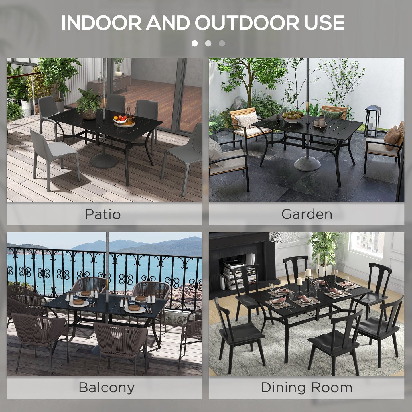 Rectangle Garden Table with Parasol Hole, Outdoor Dining Table for 6, Patio Table with Steel Frame and Slat Tabletop for Balcony, 150cm x 90cm, Black