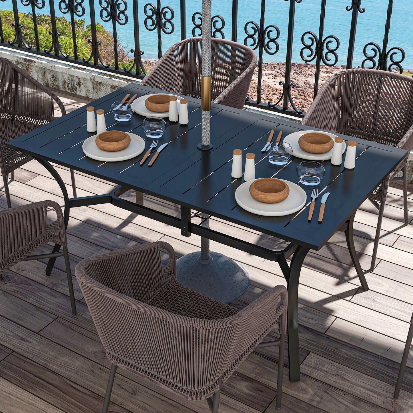 Rectangle Garden Table with Parasol Hole, Outdoor Dining Table for 6, Patio Table with Steel Frame and Slat Tabletop for Balcony, 150cm x 90cm, Black