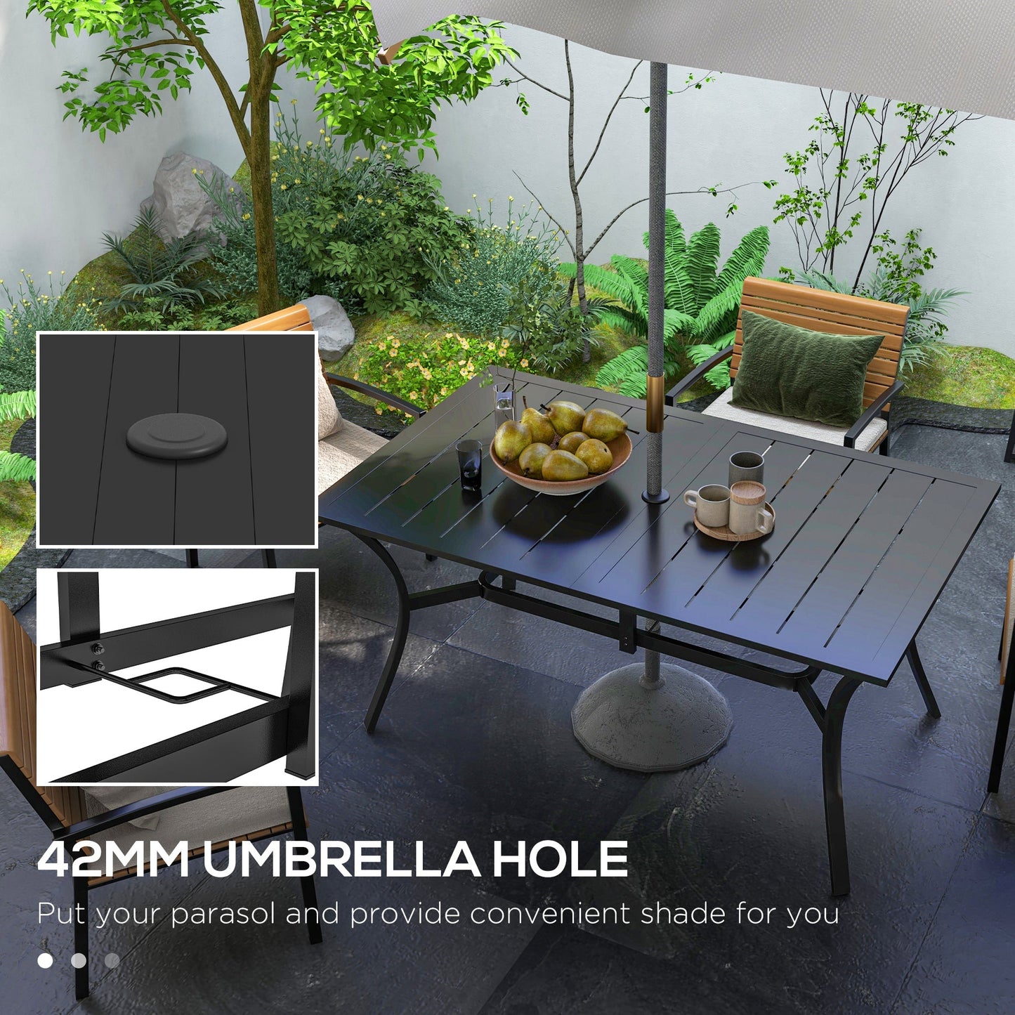 Rectangle Garden Table with Parasol Hole, Outdoor Dining Table for 6, Patio Table with Steel Frame and Slat Tabletop for Balcony, 150cm x 90cm, Black