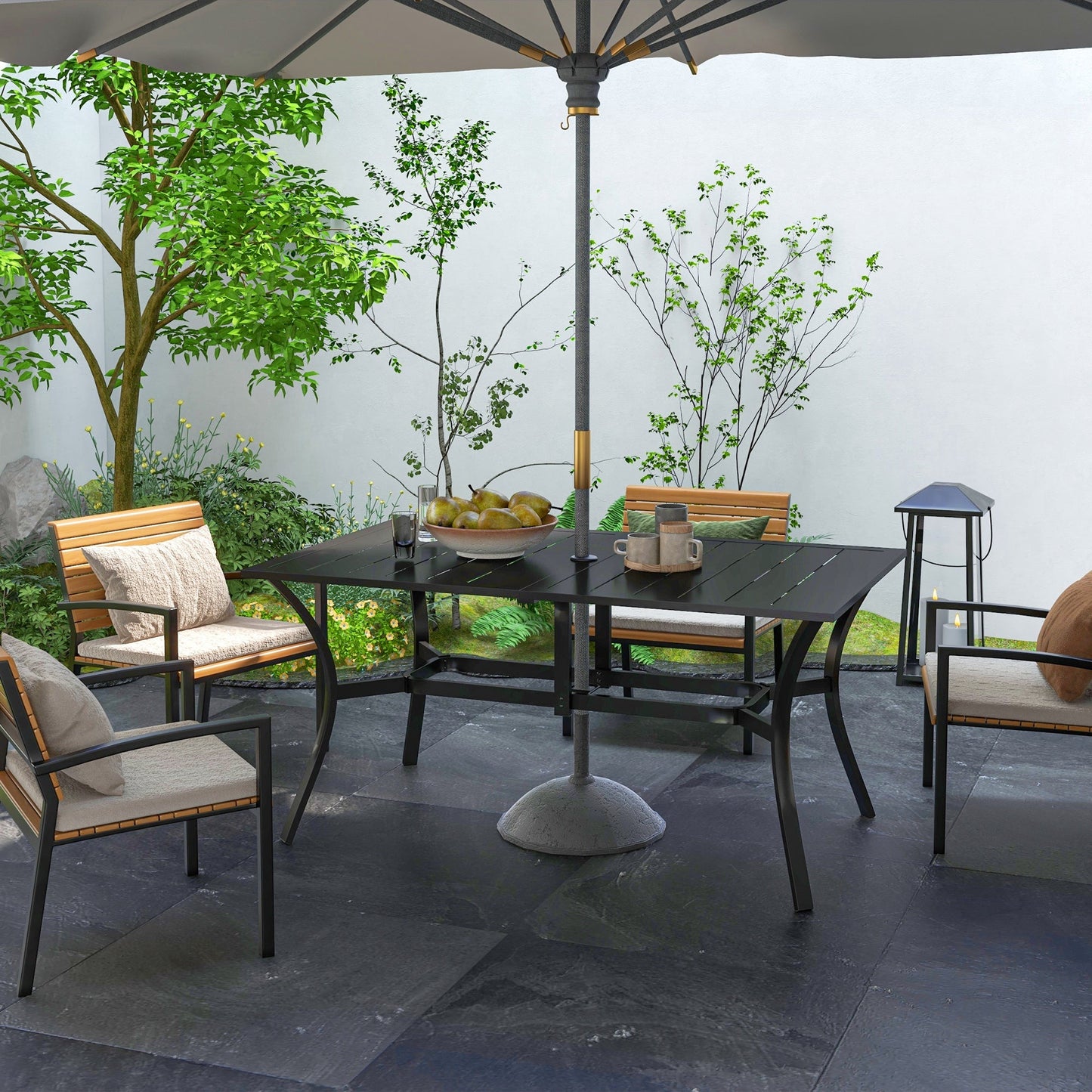 Rectangle Garden Table with Parasol Hole, Outdoor Dining Table for 6, Patio Table with Steel Frame and Slat Tabletop for Balcony, 150cm x 90cm, Black