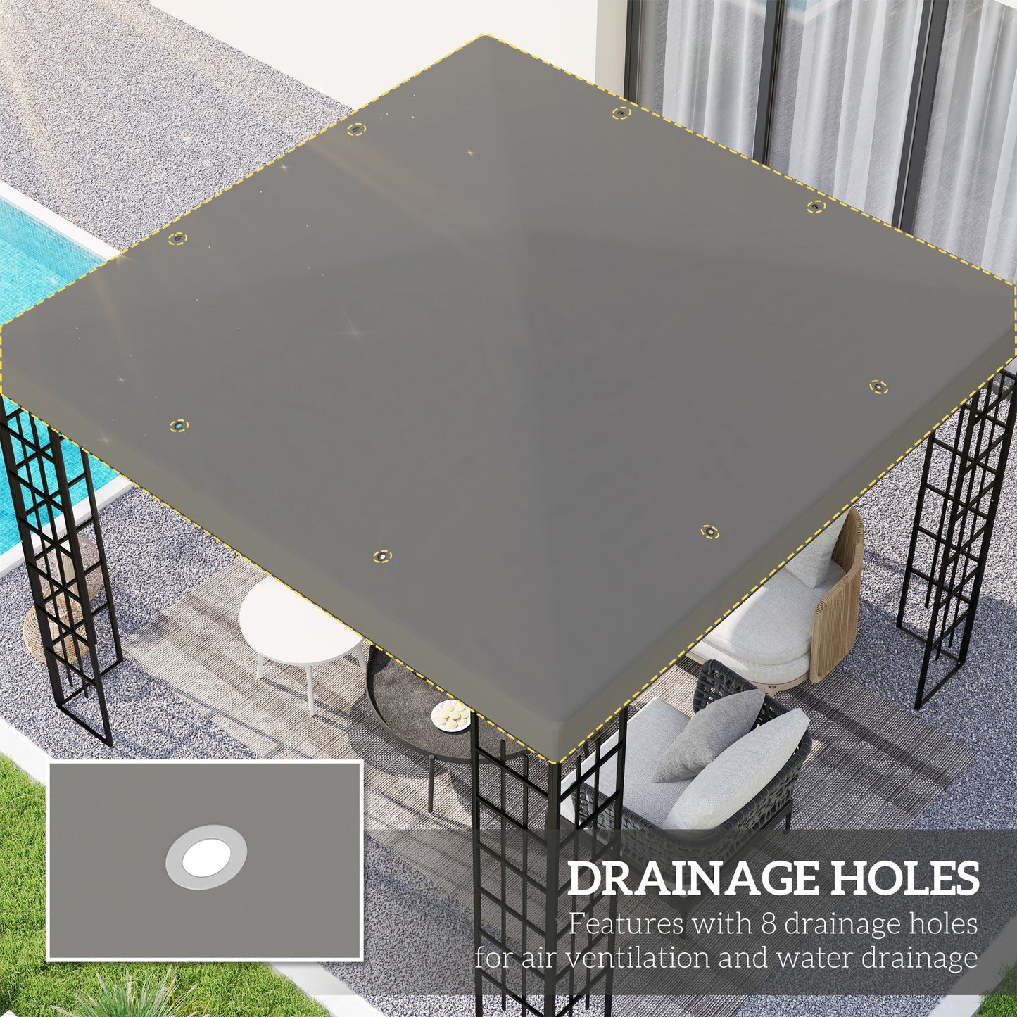 3 x 3(m) Gazebo Canopy Replacement Cover, Garden Gazebo Roof Replacement with Drain Holes, Water Resistant PVC Coating, 370g/㎡, UPF30+, TOP COVER ONLY, Grey