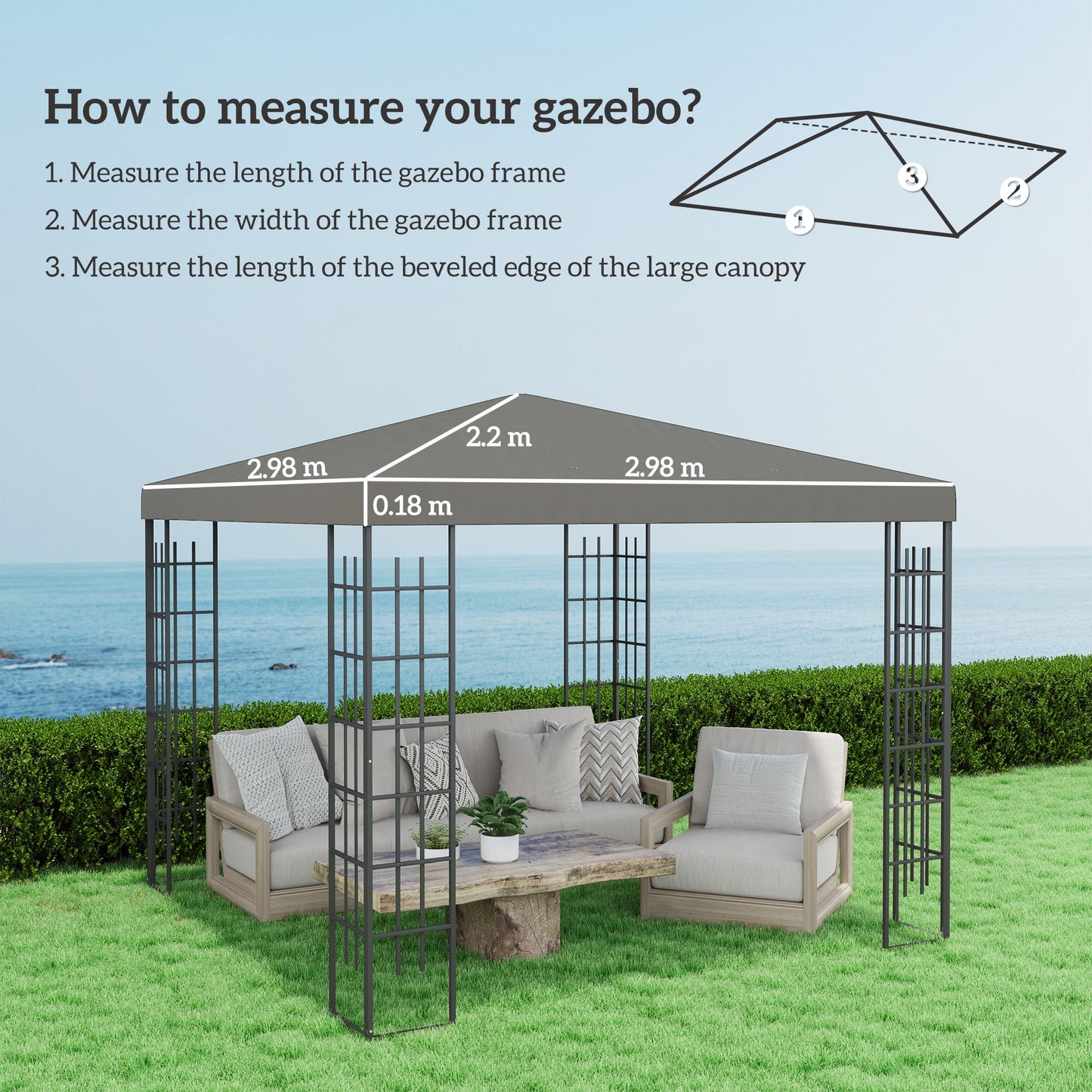 3 x 3(m) Gazebo Canopy Replacement Cover, Garden Gazebo Roof Replacement with Drain Holes, Water Resistant PVC Coating, 370g/㎡, UPF30+, TOP COVER ONLY, Grey