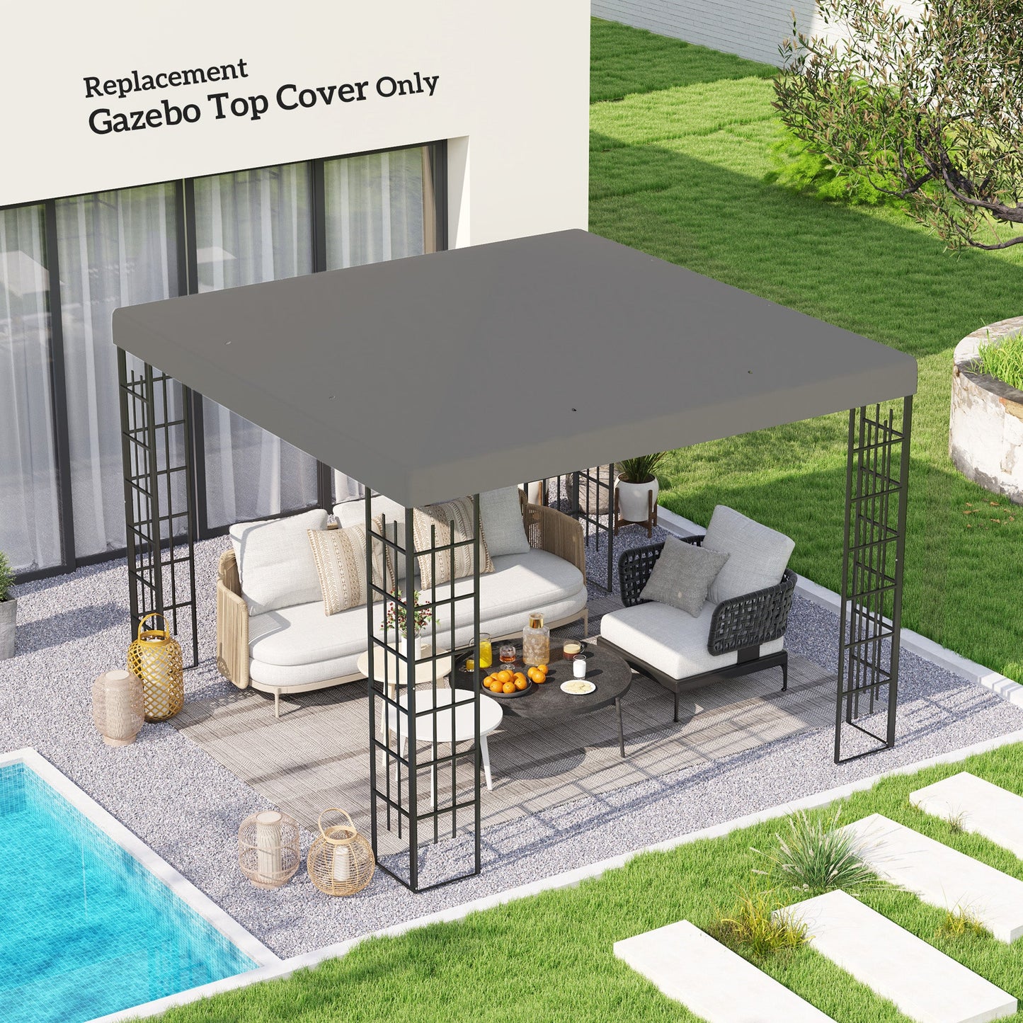 3 x 3(m) Gazebo Canopy Replacement Cover, Garden Gazebo Roof Replacement with Drain Holes, Water Resistant PVC Coating, 370g/㎡, UPF30+, TOP COVER ONLY, Grey