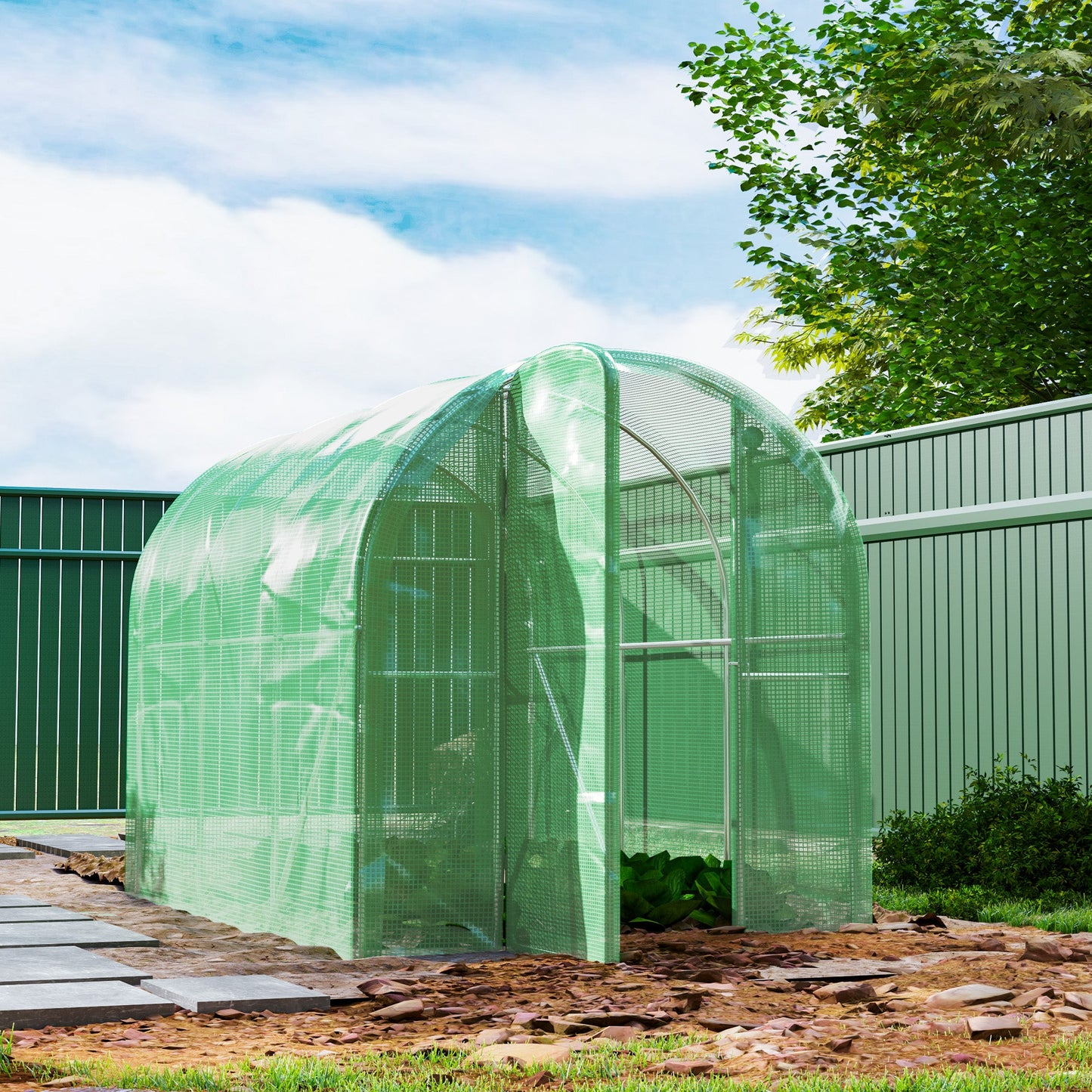3 x 2 x 2m Polytunnel Greenhouse with Hinged Door, Walk-in Grow House Tent with PE Cover and Galvanised Steel Frame, Green
