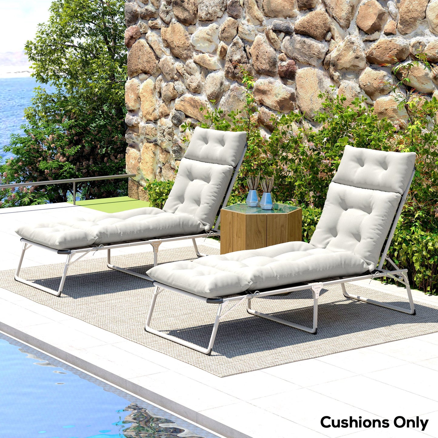 Sun Lounger Cushions Only, 190x56x10cm Garden Lounge Chair Cushions Set of 2, UPF20+ 220gsm Fabric, Thick Sunbed Replacement Pads with 6 Ties, Light Grey
