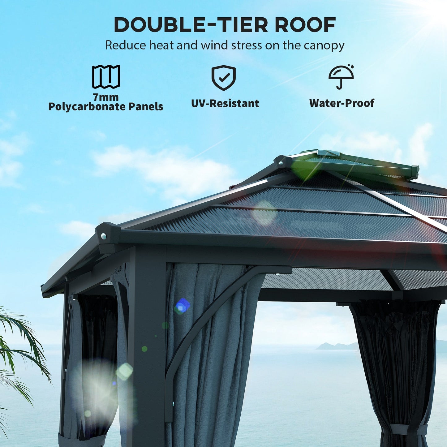 3 x 3(m) Hardtop Gazebo Canopy with 7mm Double Polycarbonate Roof, Garden Gazebo Permanent Pavilion with Mosquito Netting and Curtains for Patio, Deck, Dark Grey