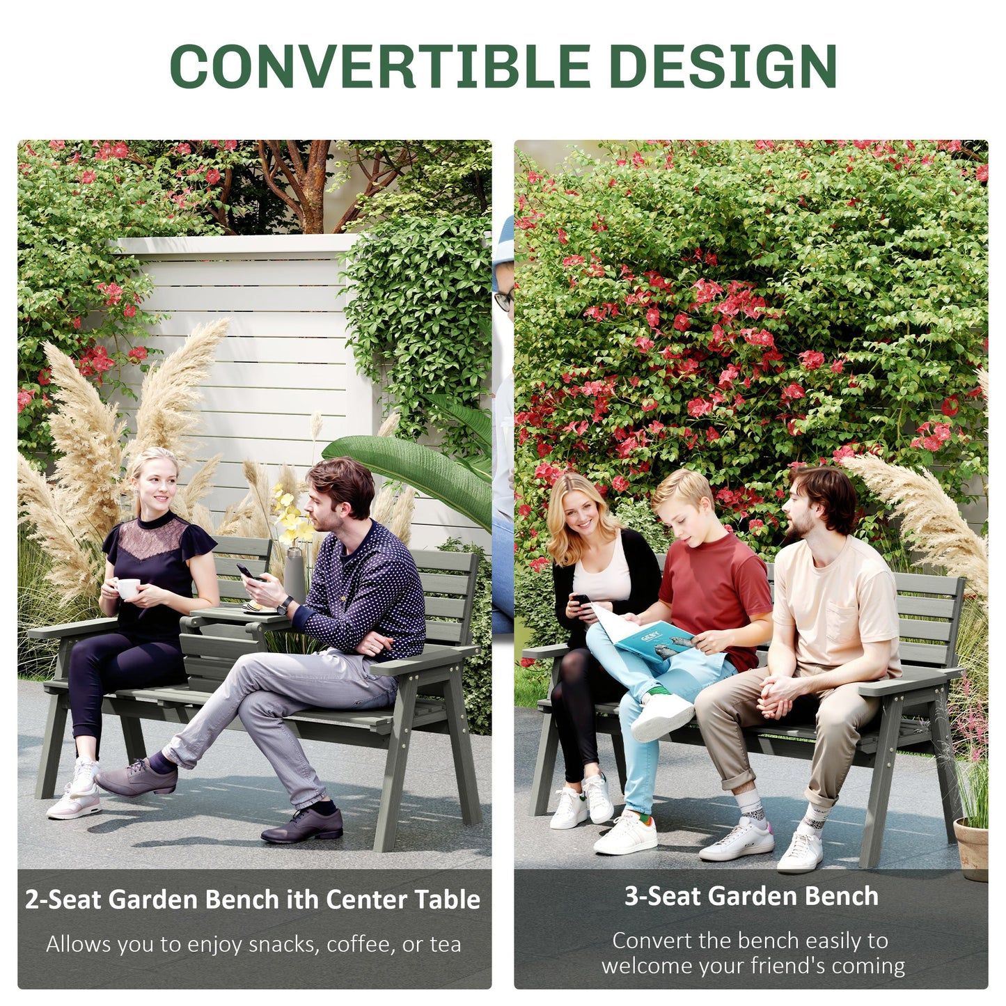 2 Seater Wooden Garden Bench with Convertible Middle Table, Outdoor Three-Seater Bench for Patio, Park, Porch, Grey