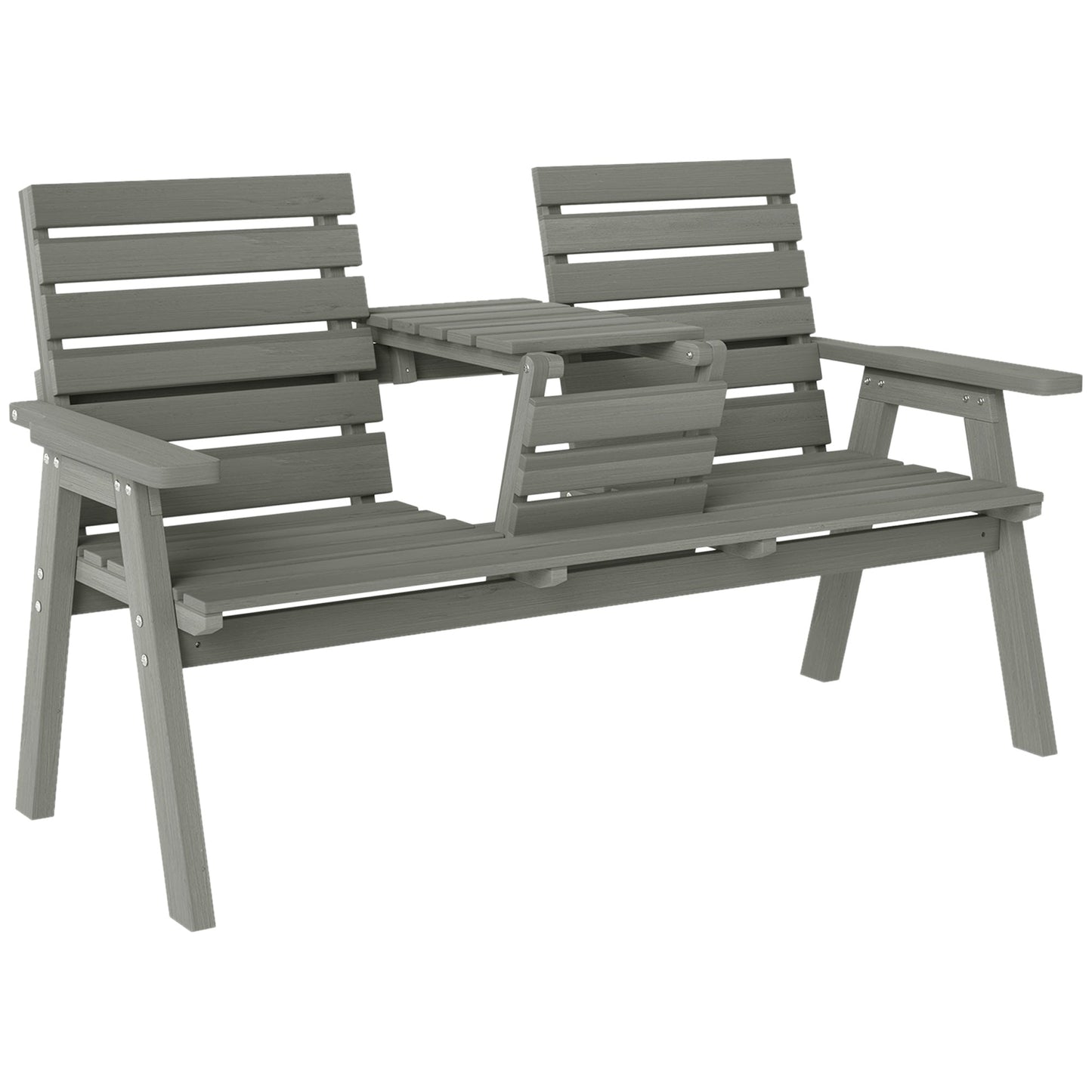 2 Seater Wooden Garden Bench with Convertible Middle Table, Outdoor Three-Seater Bench for Patio, Park, Porch, Grey