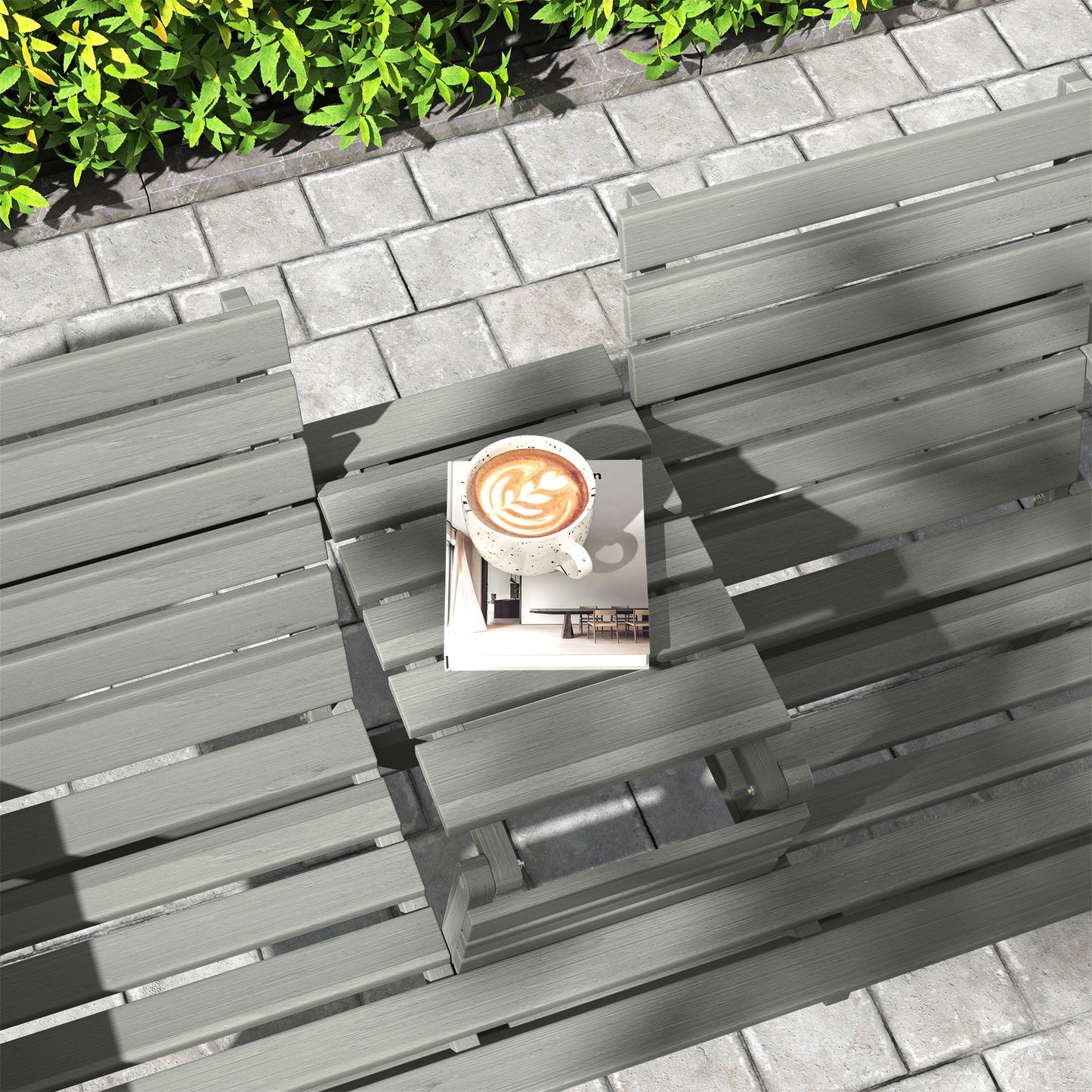 2 Seater Wooden Garden Bench with Convertible Middle Table, Outdoor Three-Seater Bench for Patio, Park, Porch, Grey