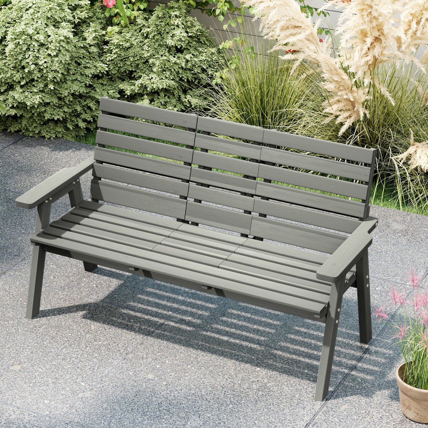 2 Seater Wooden Garden Bench with Convertible Middle Table, Outdoor Three-Seater Bench for Patio, Park, Porch, Grey