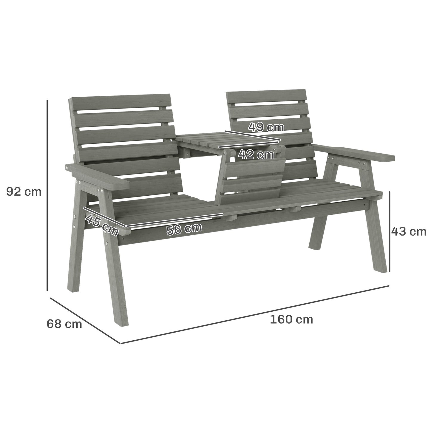 2 Seater Wooden Garden Bench with Convertible Middle Table, Outdoor Three-Seater Bench for Patio, Park, Porch, Grey