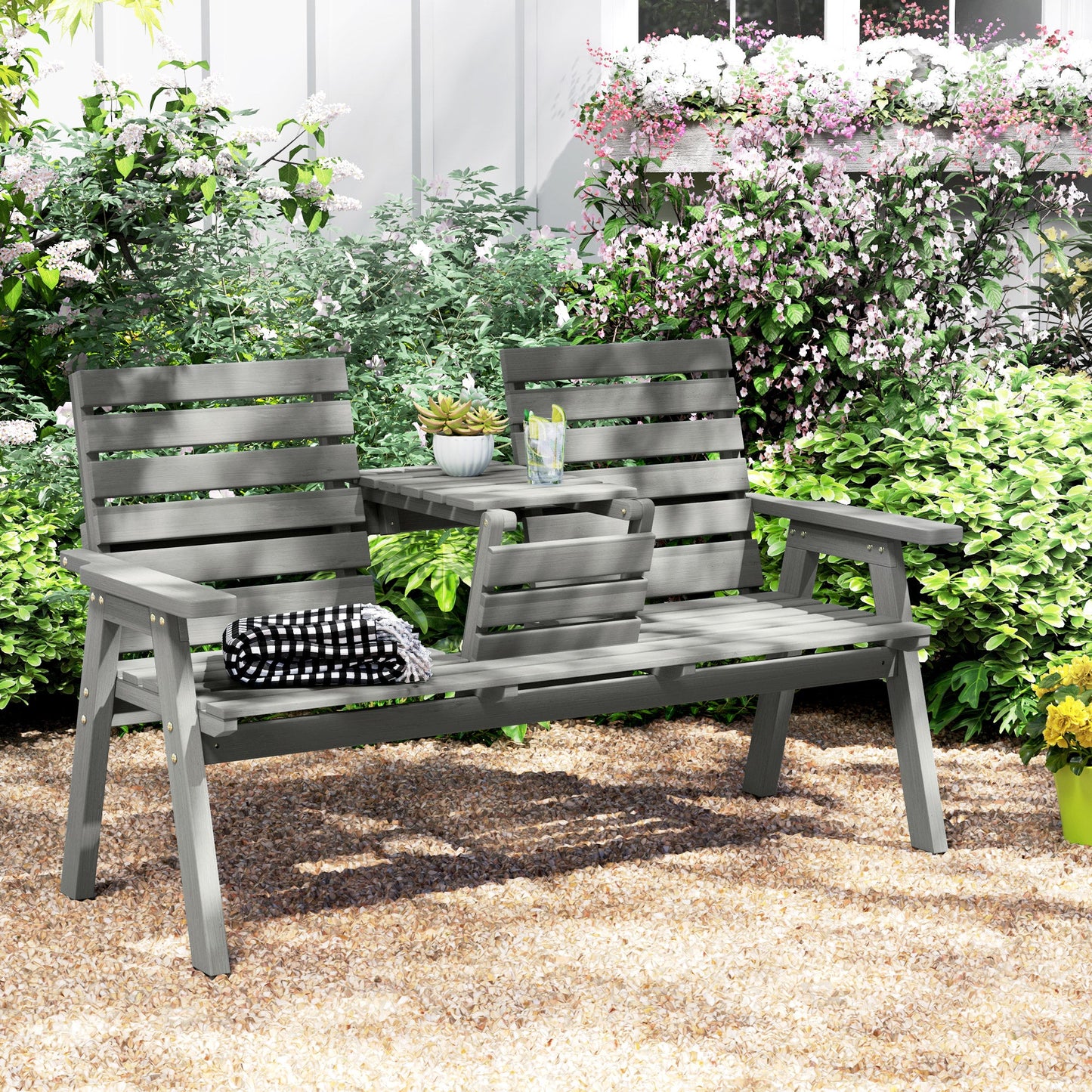 2 Seater Wooden Garden Bench with Convertible Middle Table, Outdoor Three-Seater Bench for Patio, Park, Porch, Grey