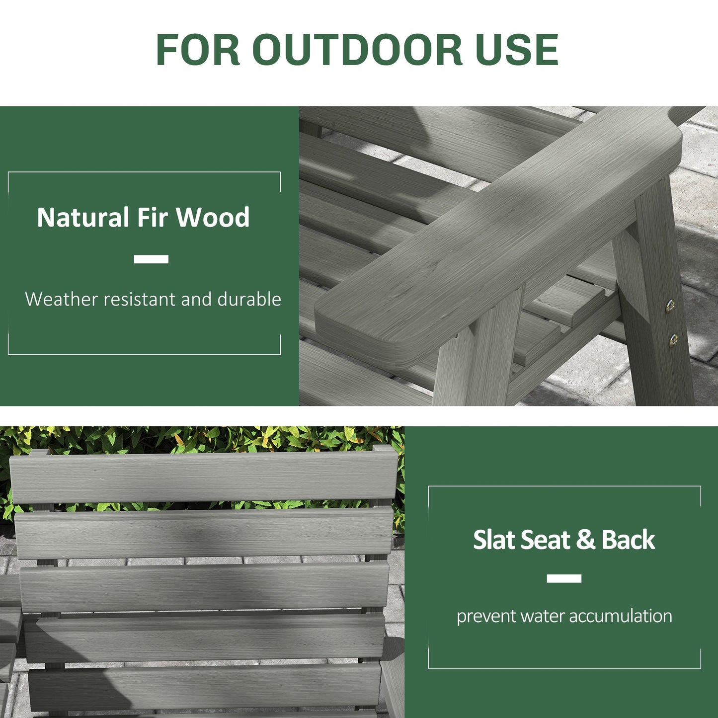 2 Seater Wooden Garden Bench with Convertible Middle Table, Outdoor Three-Seater Bench for Patio, Park, Porch, Grey