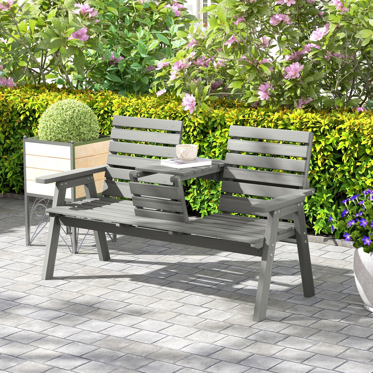 2 Seater Wooden Garden Bench with Convertible Middle Table, Outdoor Three-Seater Bench for Patio, Park, Porch, Grey
