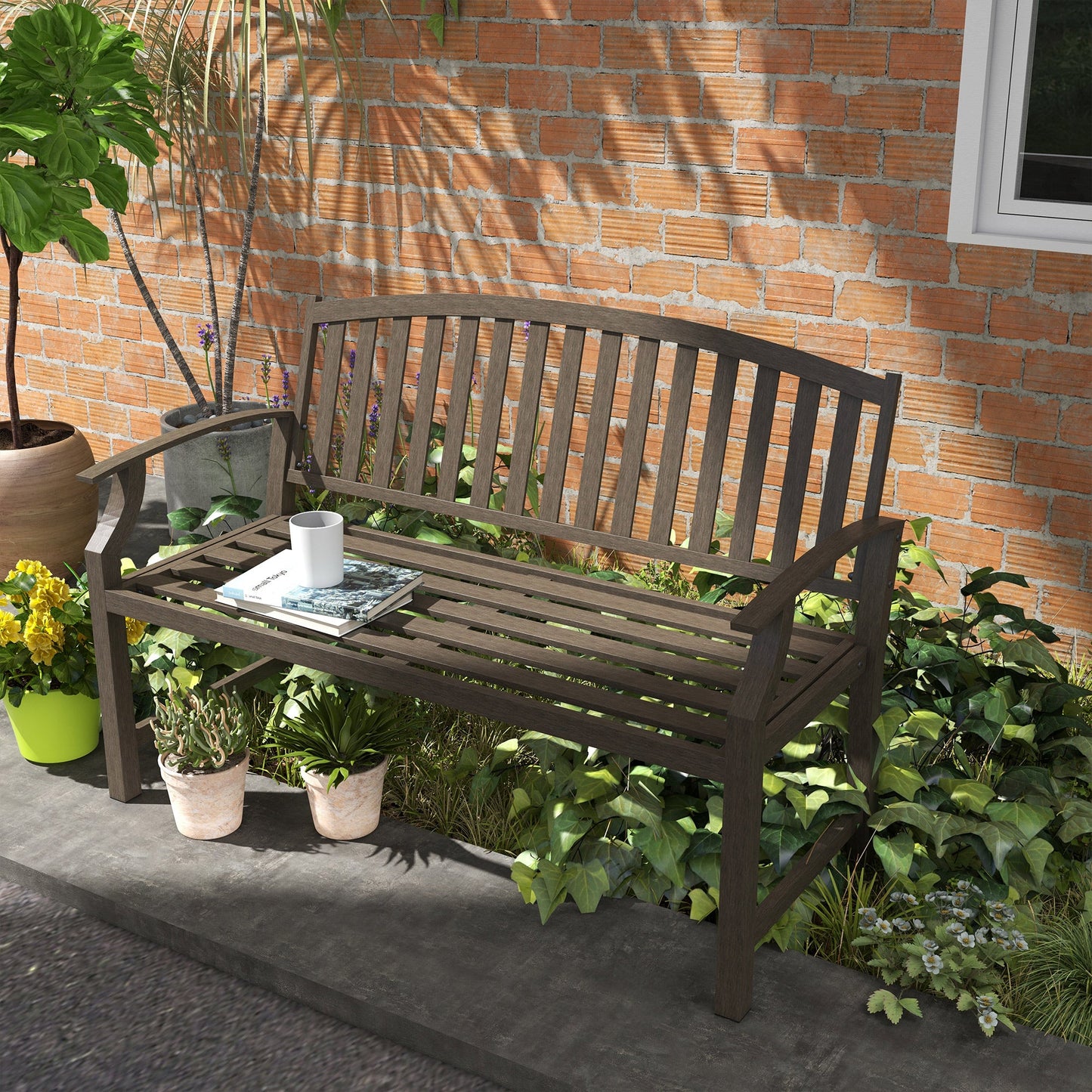 Garden Bench, Outdoor Metal Bench with Slatted Seat and Backrest, Curved Armrest, for Conservatory, Garden, Poolside, Deck, Brown