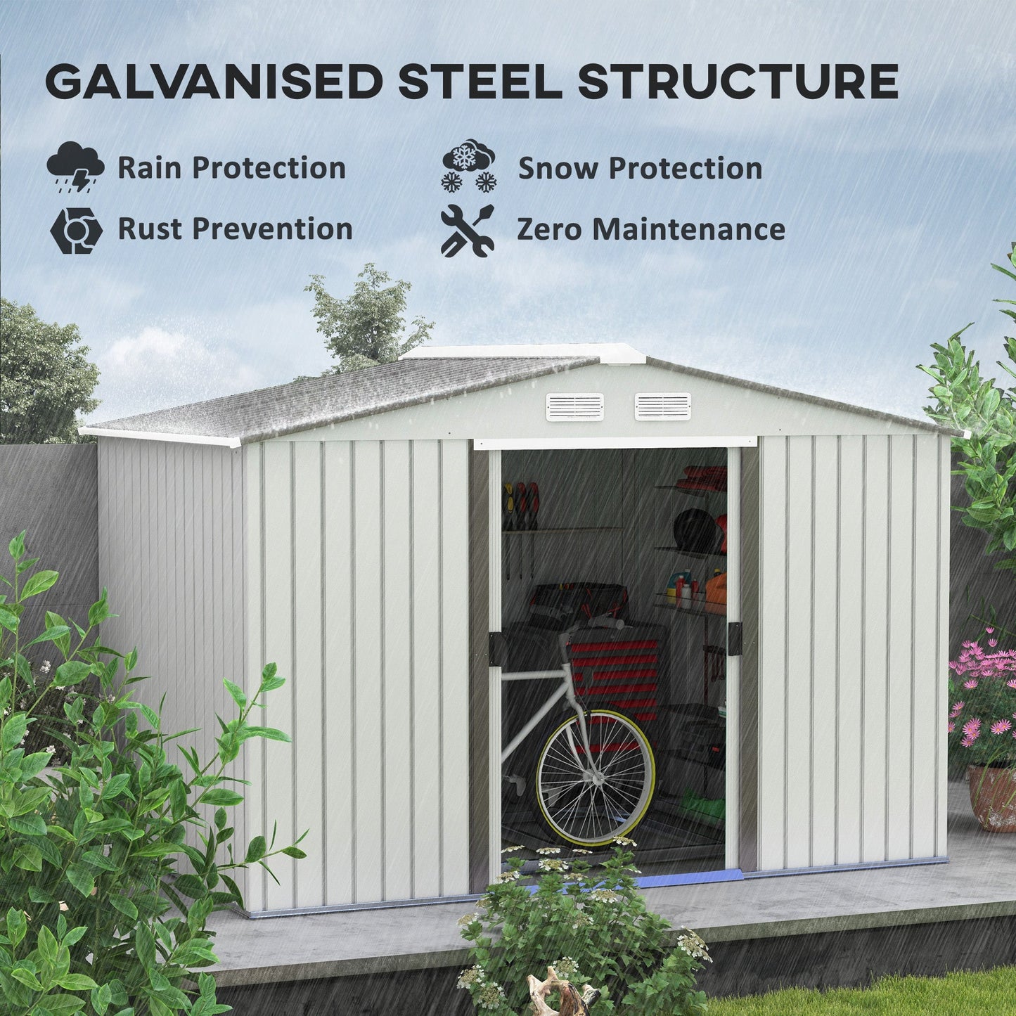 9 x 6ft Metal Garden Shed, Outdoor Storage Tool House with Ventilation Slots, Foundation Kit and Lockable Double Doors, Silver