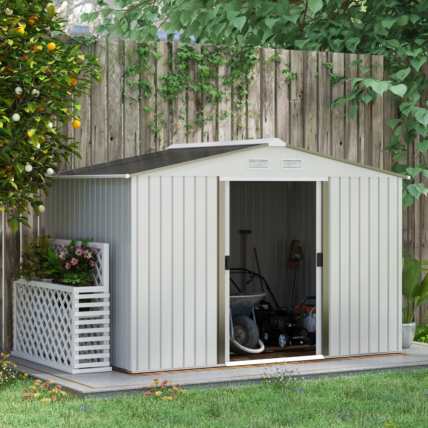 9 x 6ft Metal Garden Shed, Outdoor Storage Tool House with Ventilation Slots, Foundation Kit and Lockable Double Doors, Silver
