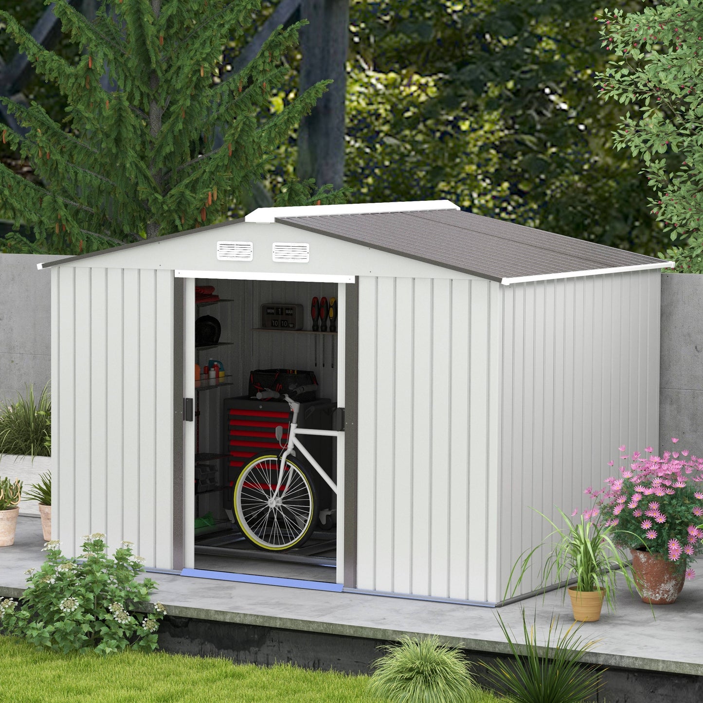 9 x 6ft Metal Garden Shed, Outdoor Storage Tool House with Ventilation Slots, Foundation Kit and Lockable Double Doors, Silver