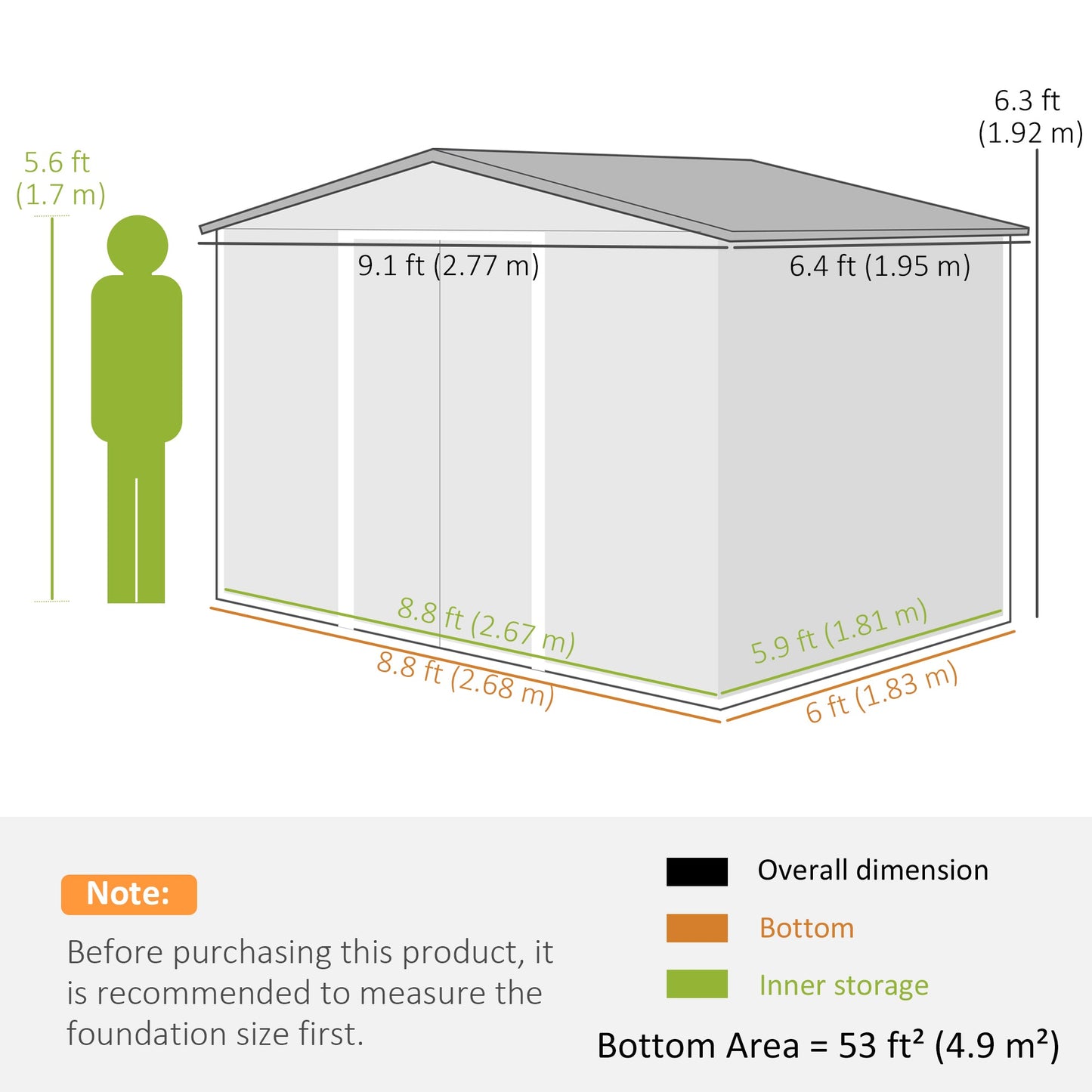 9 x 6ft Metal Garden Shed, Outdoor Storage Tool House with Ventilation Slots, Foundation Kit and Lockable Double Doors, Silver