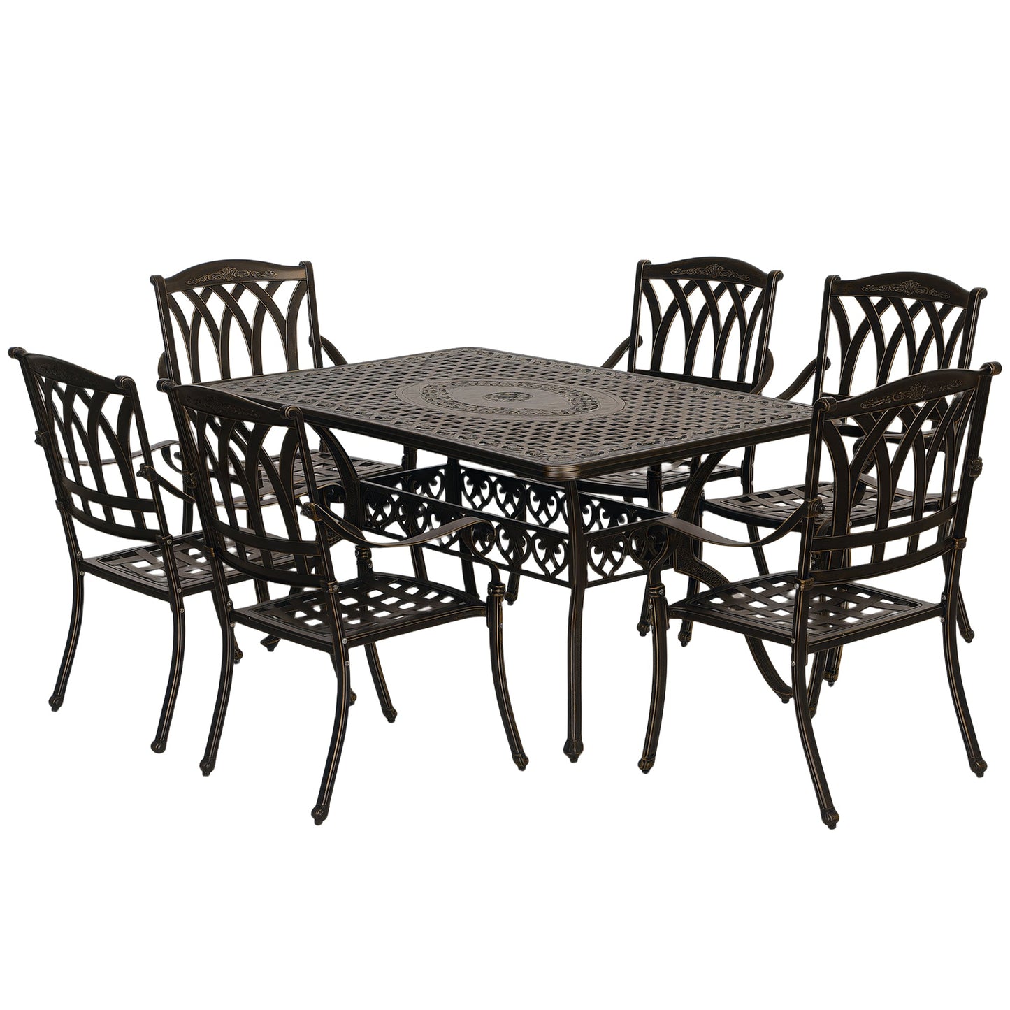 7 Pieces Cast Aluminium Garden Dining Set, 6 Seater Garden Table and Chairs with Parasol Hole, Outdoor Garden Furniture Set with Cushions for Patio, Bronze Tone
